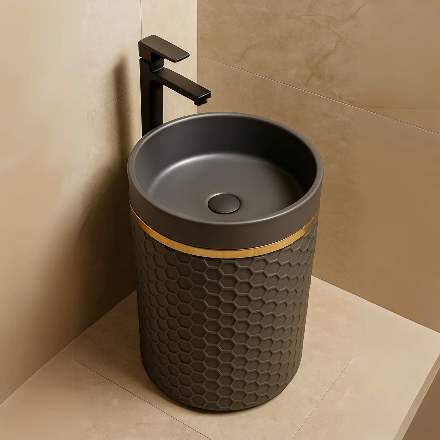 Top view of round golden rimmed pedestal sink with hexagonal texture