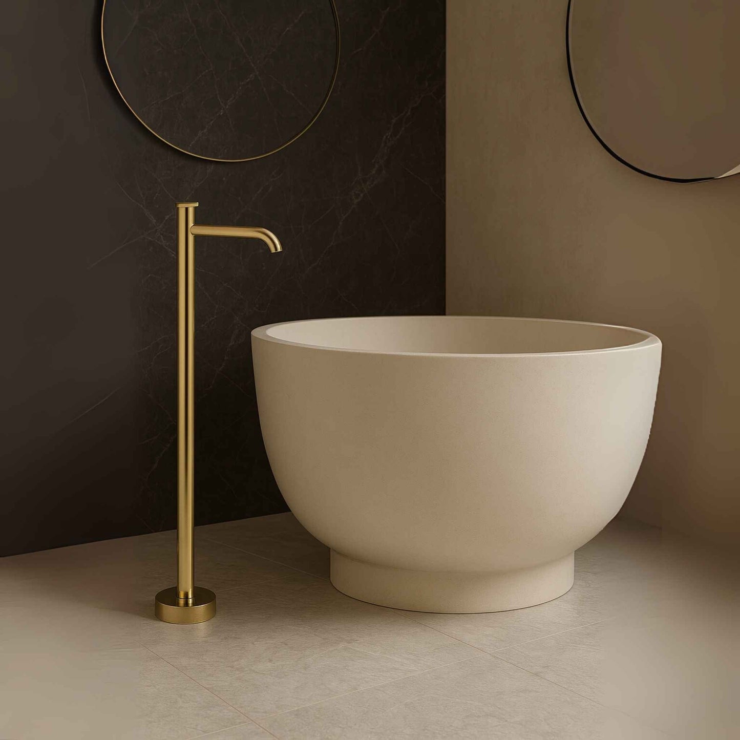 Gun gold floor mounted basin mixer beside luxurious pedestal basin in elegant bathroom