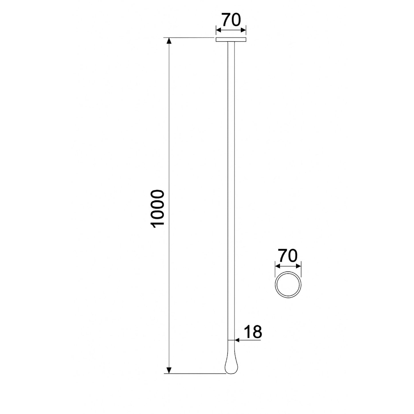 Dimension drawing of E40-CBM-GG-406 mixer – 1000mm height, 70mm width