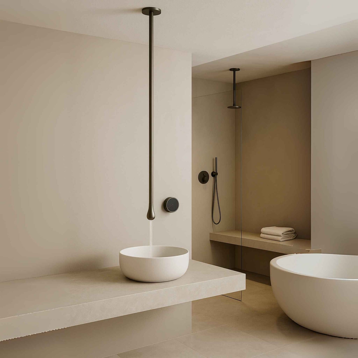 Full modern bathroom with ceiling mounted gun metal basin mixer