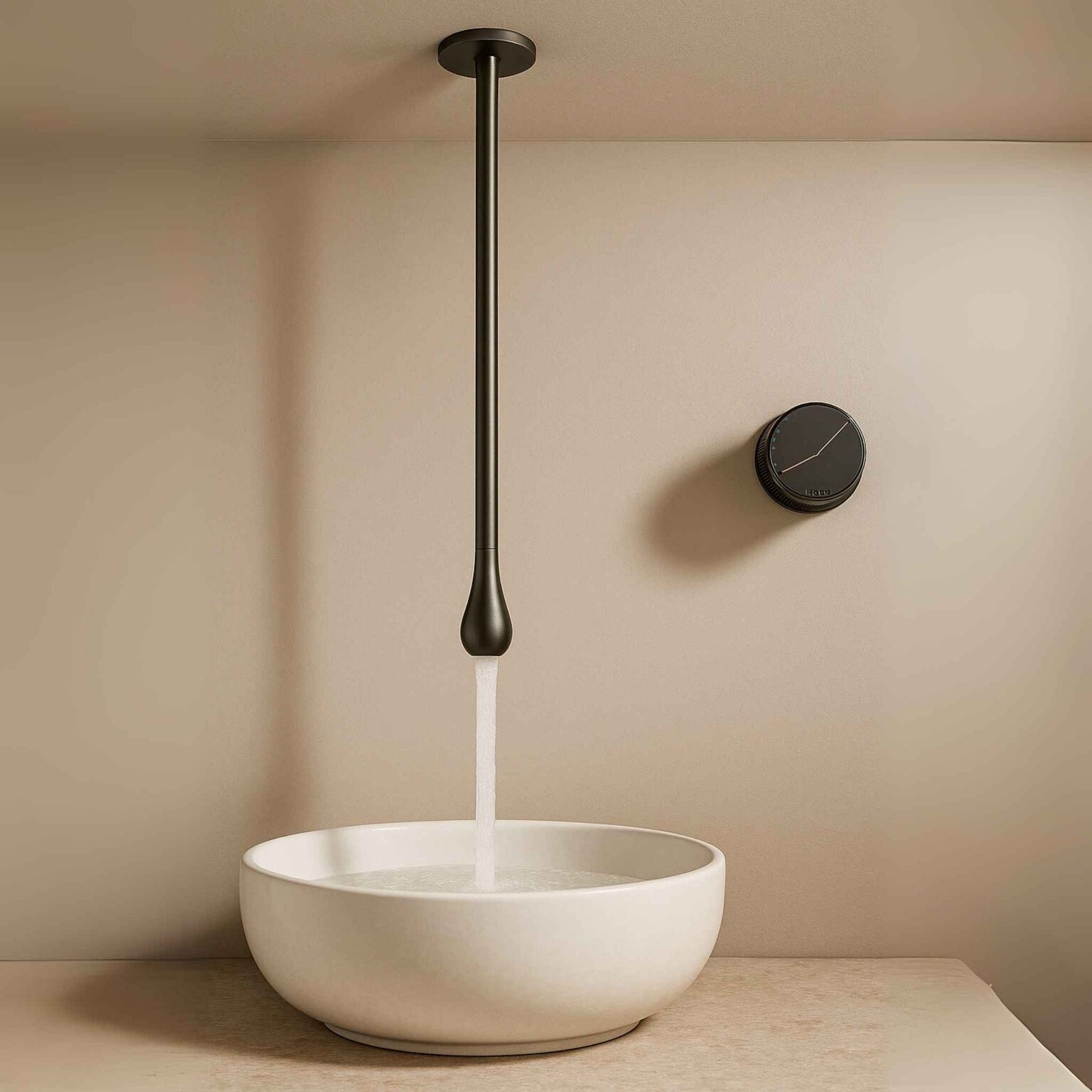 Side angle showing gun metal overhead waterfall faucet in luxury setting