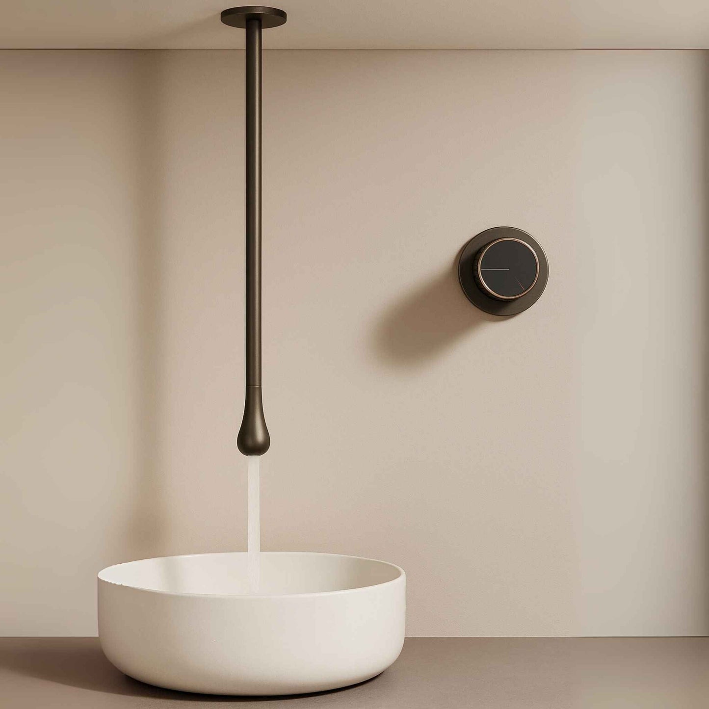 Top-down angle showcasing gun metal ceiling mixer dropping water elegantly