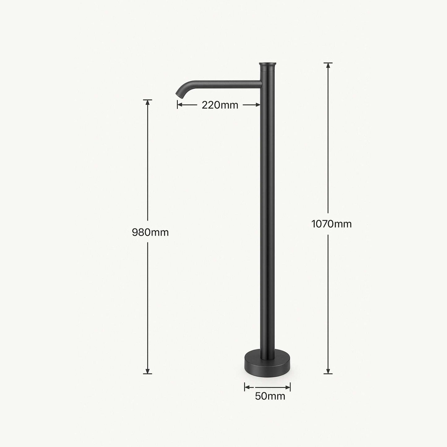 Dimension of gun metal freestanding basin mixer tap in a luxury bathroom setup