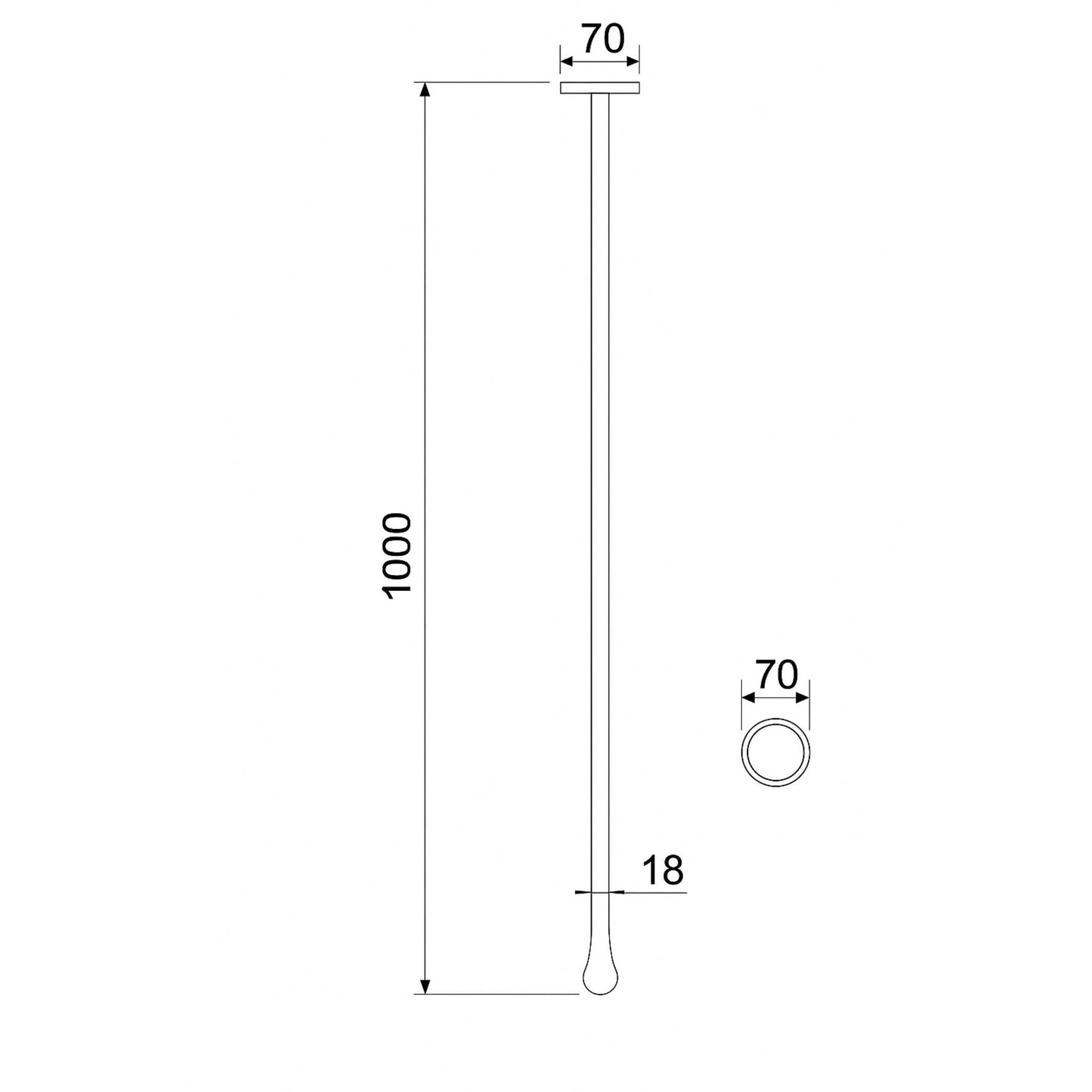 Technical drawing showing dimensions of gun rose gold ceiling mounted basin mixer with 1000mm height, 70mm width, and 18mm nozzle diameter