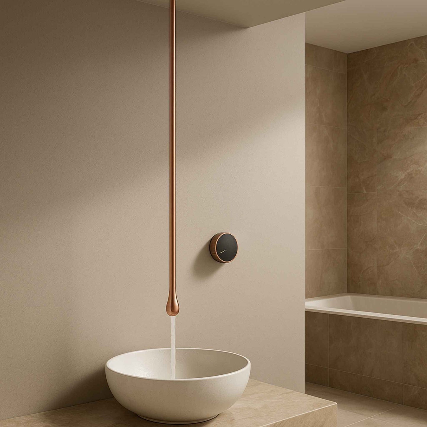 Complete washroom showcasing the gun rose gold ceiling mounted basin mixer with modern interiors