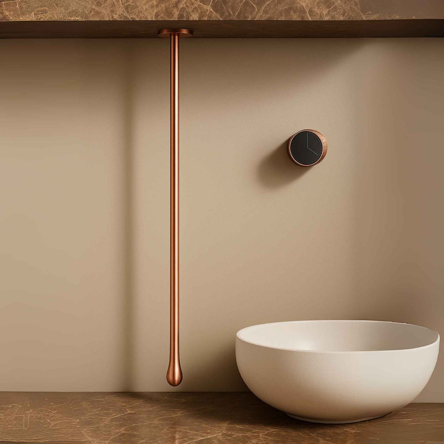 Side view of ceiling mounted gun rose gold basin mixer with minimalist design aesthetics