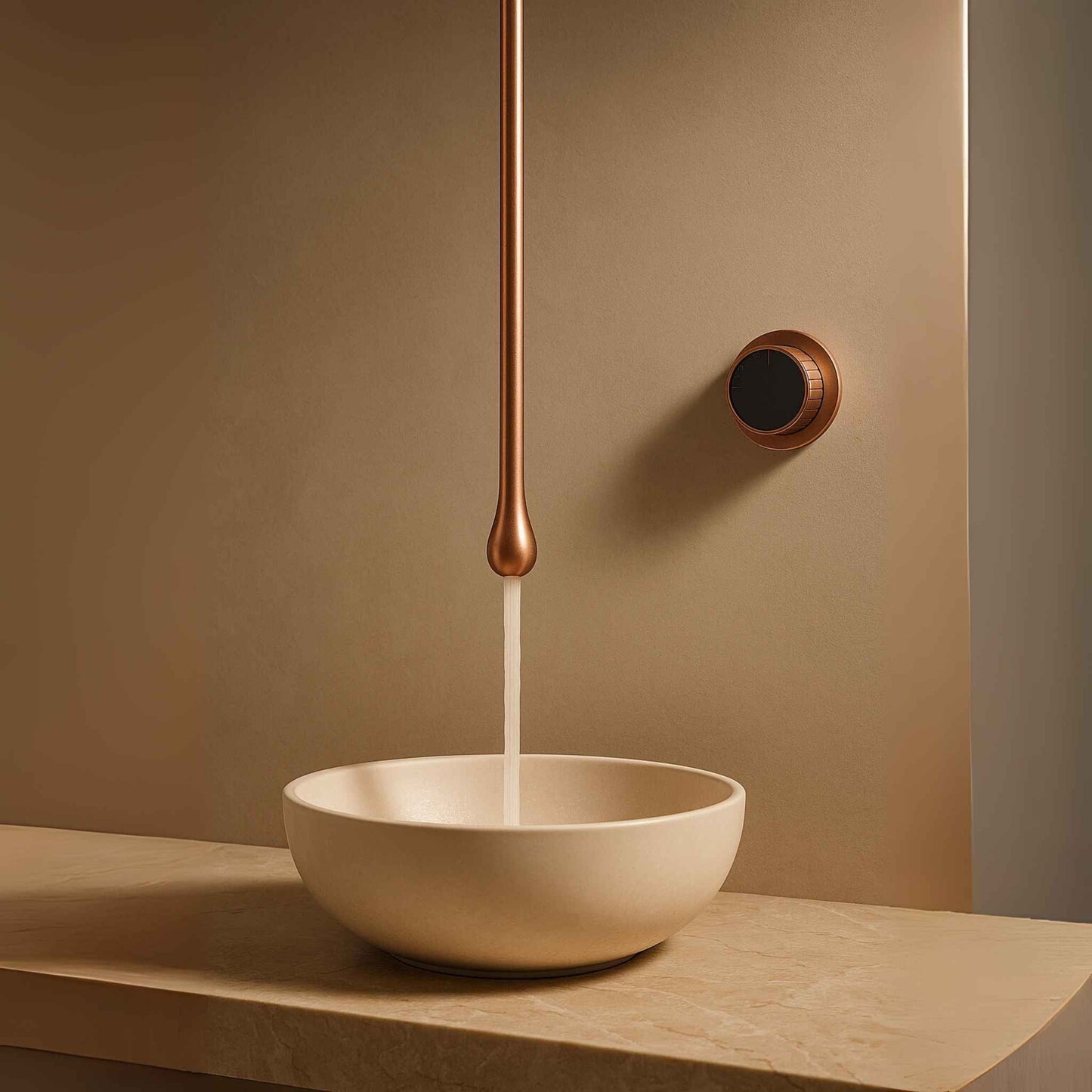 Top angle view of ceiling mounted basin mixer in gun rose gold finish placed above a basin