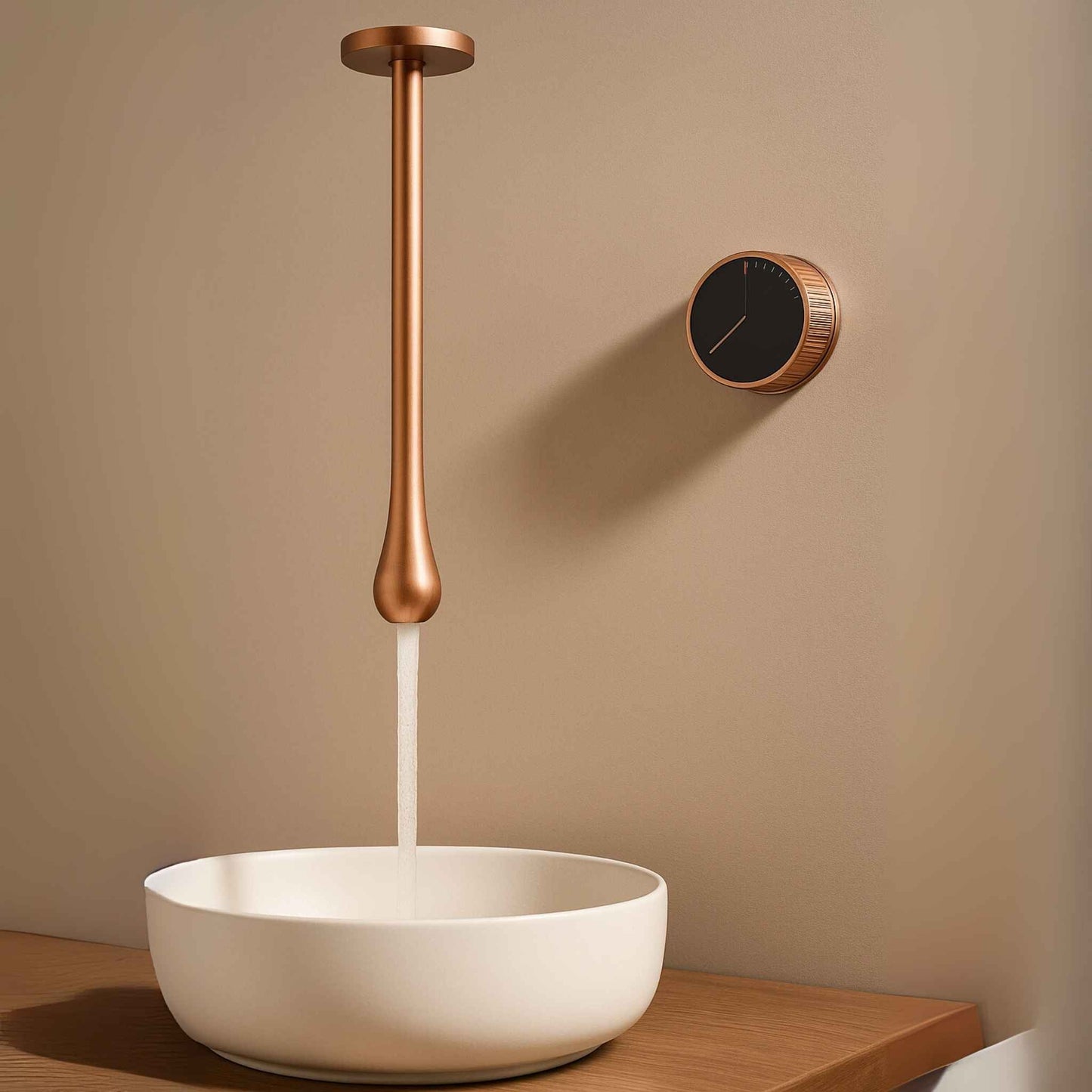 Close-up view showing water flow from the gun rose gold ceiling mounted mixer into the basin
