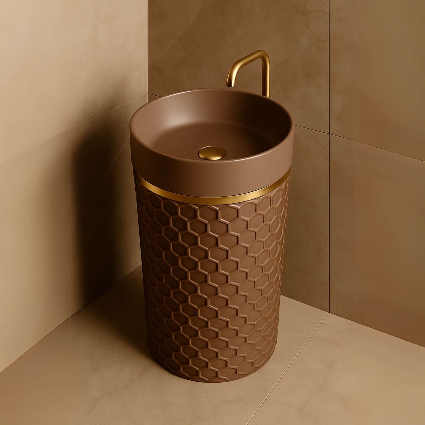 Hexa Bronze Pedestal Wash Basin with Honeycomb Design in top angle