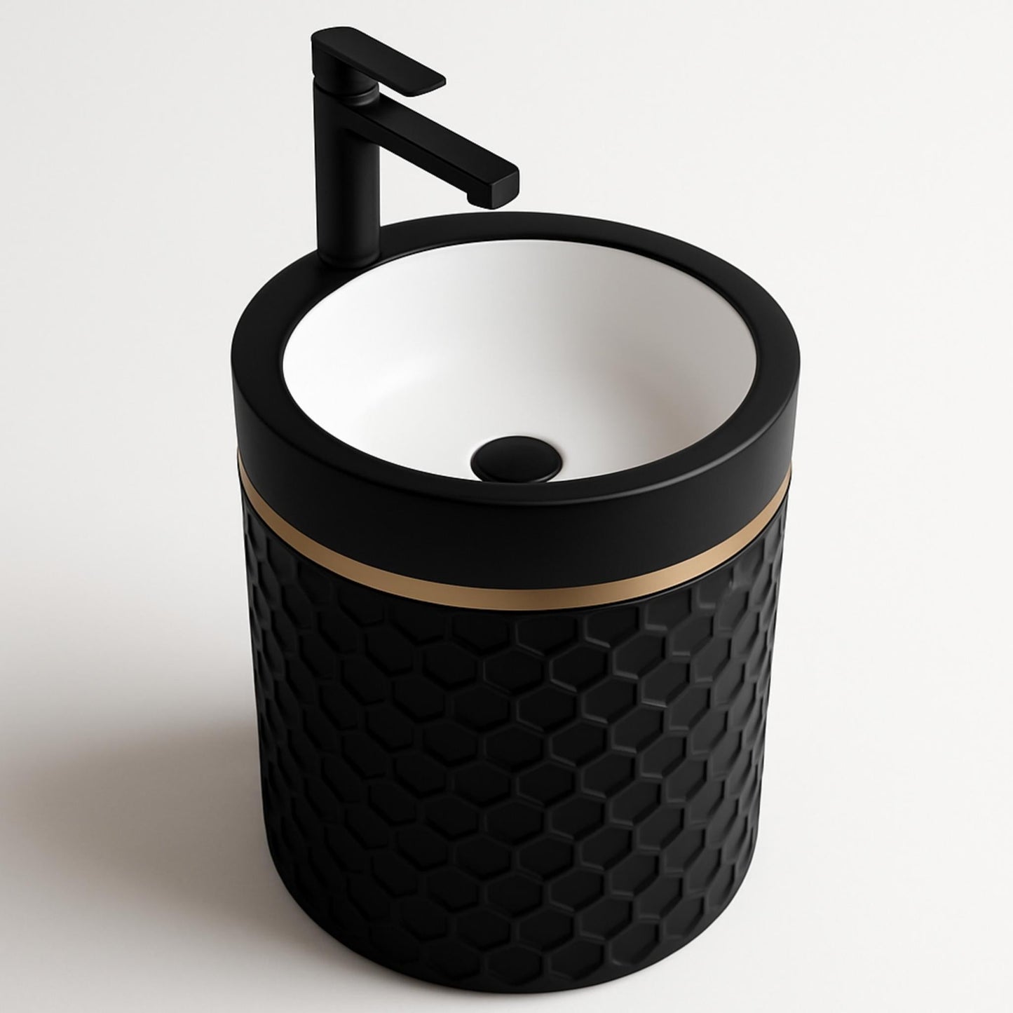 Top view of matte black honeycomb basin with black faucet