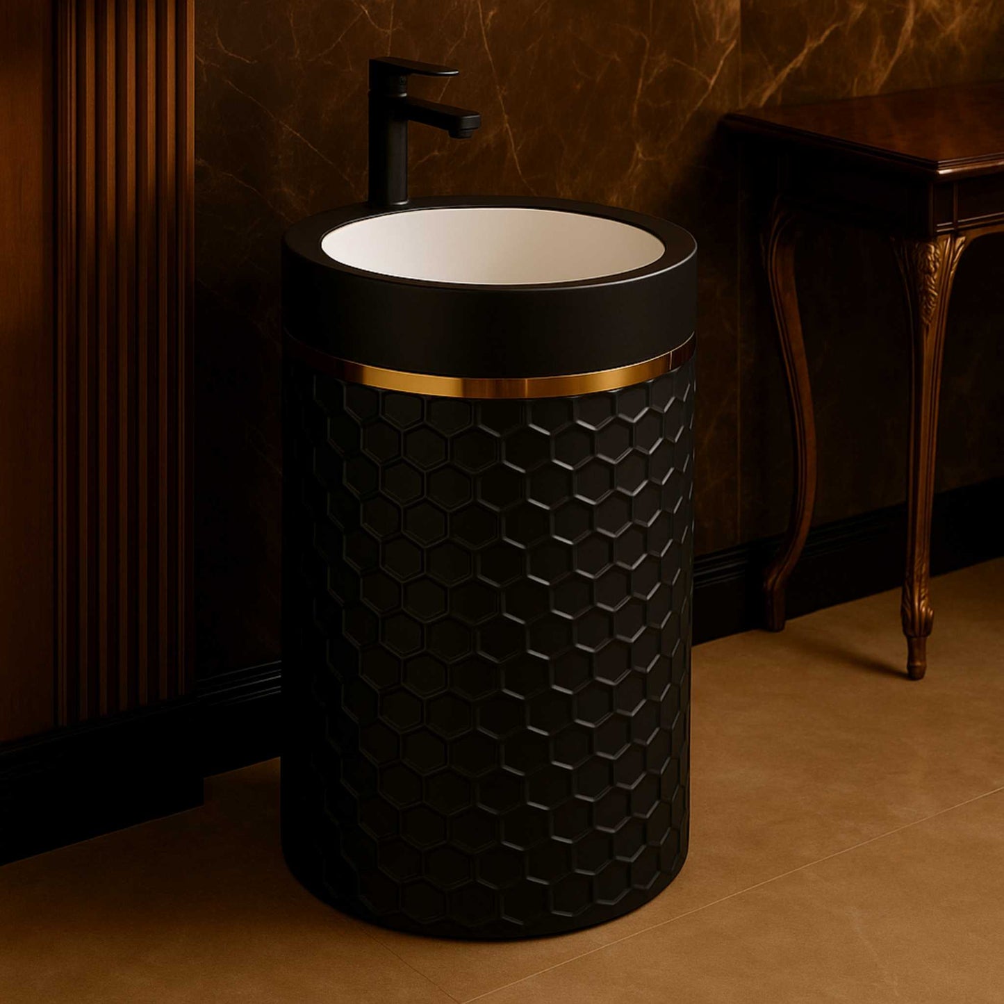 Studio shot of black pedestal wash basin with honeycomb texture