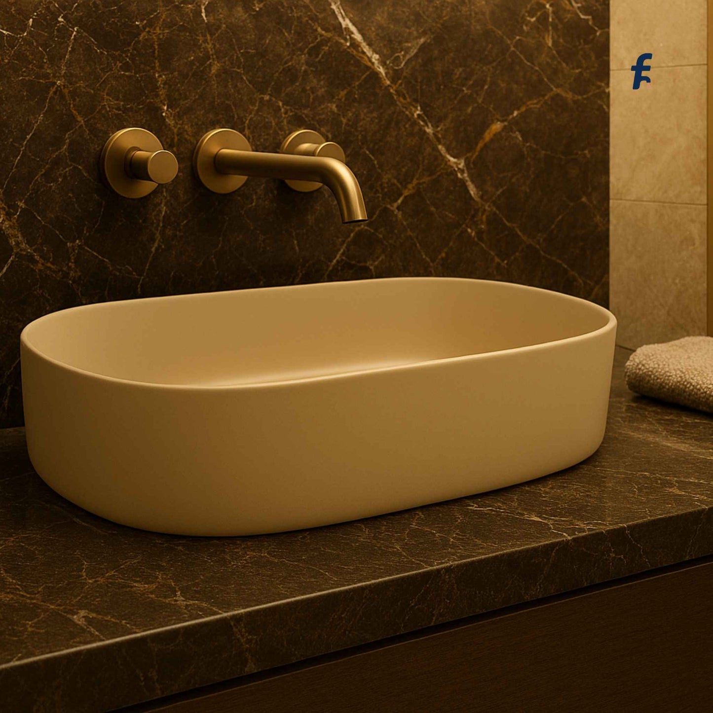 Beige sink on a marble countertop with gold fixtures against a brown marble wall.