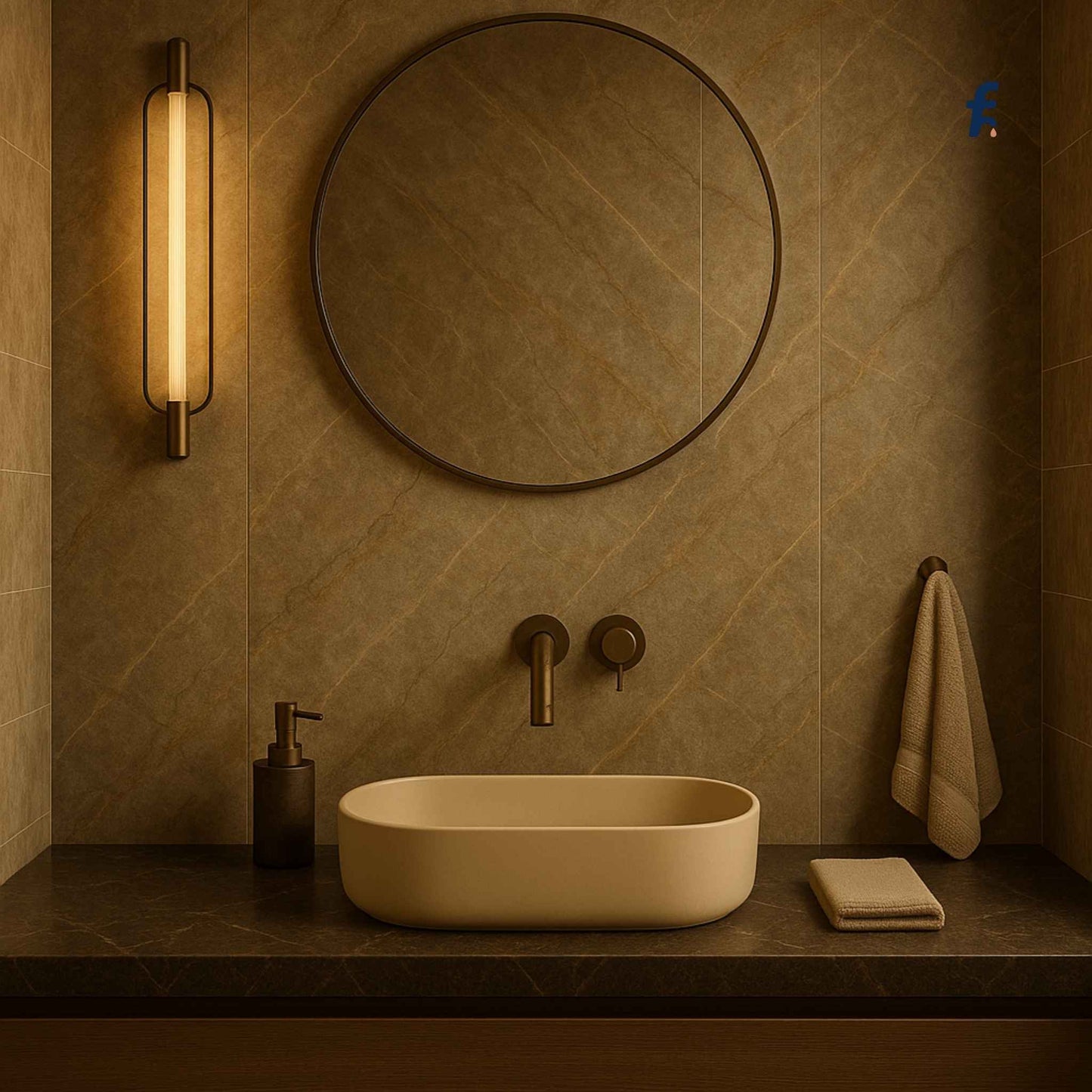 Bathroom setup with a round mirror, beige sink, and wall lamp on a tiled wall.