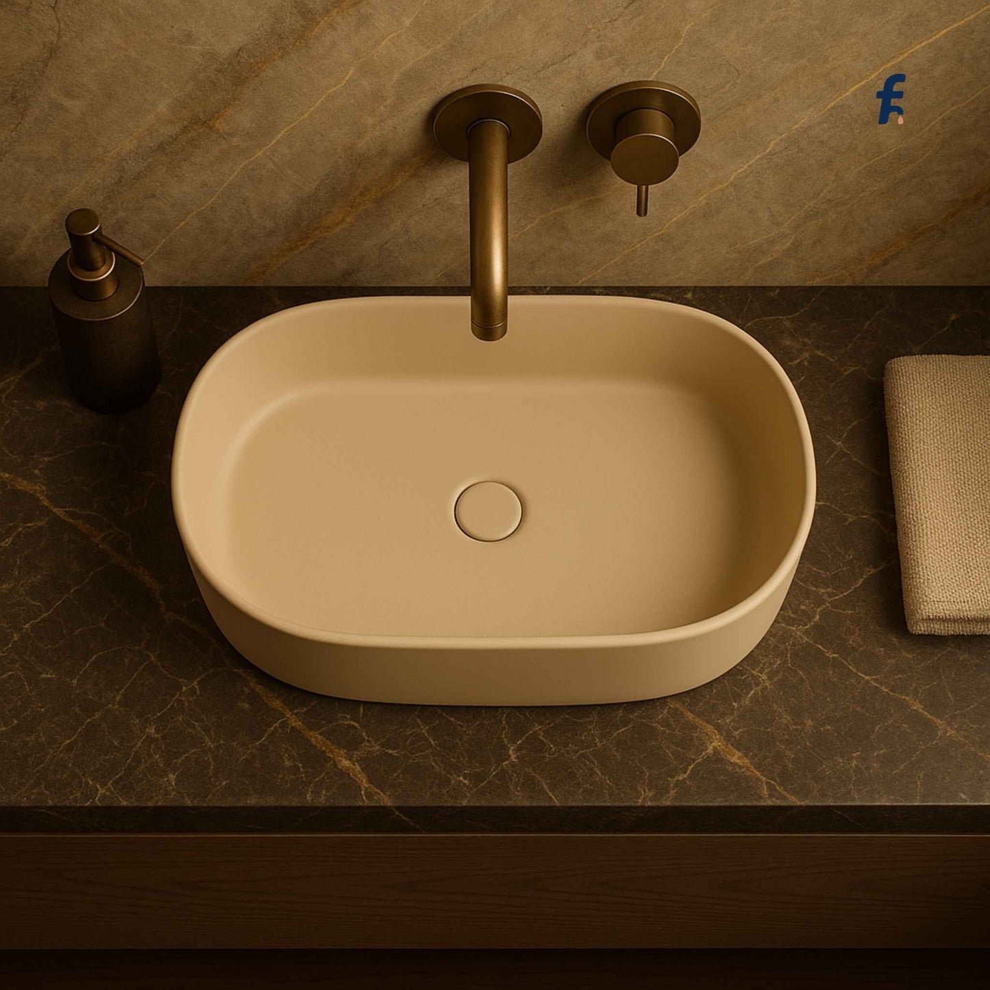 Beige sink with bronze faucet on a marble countertop