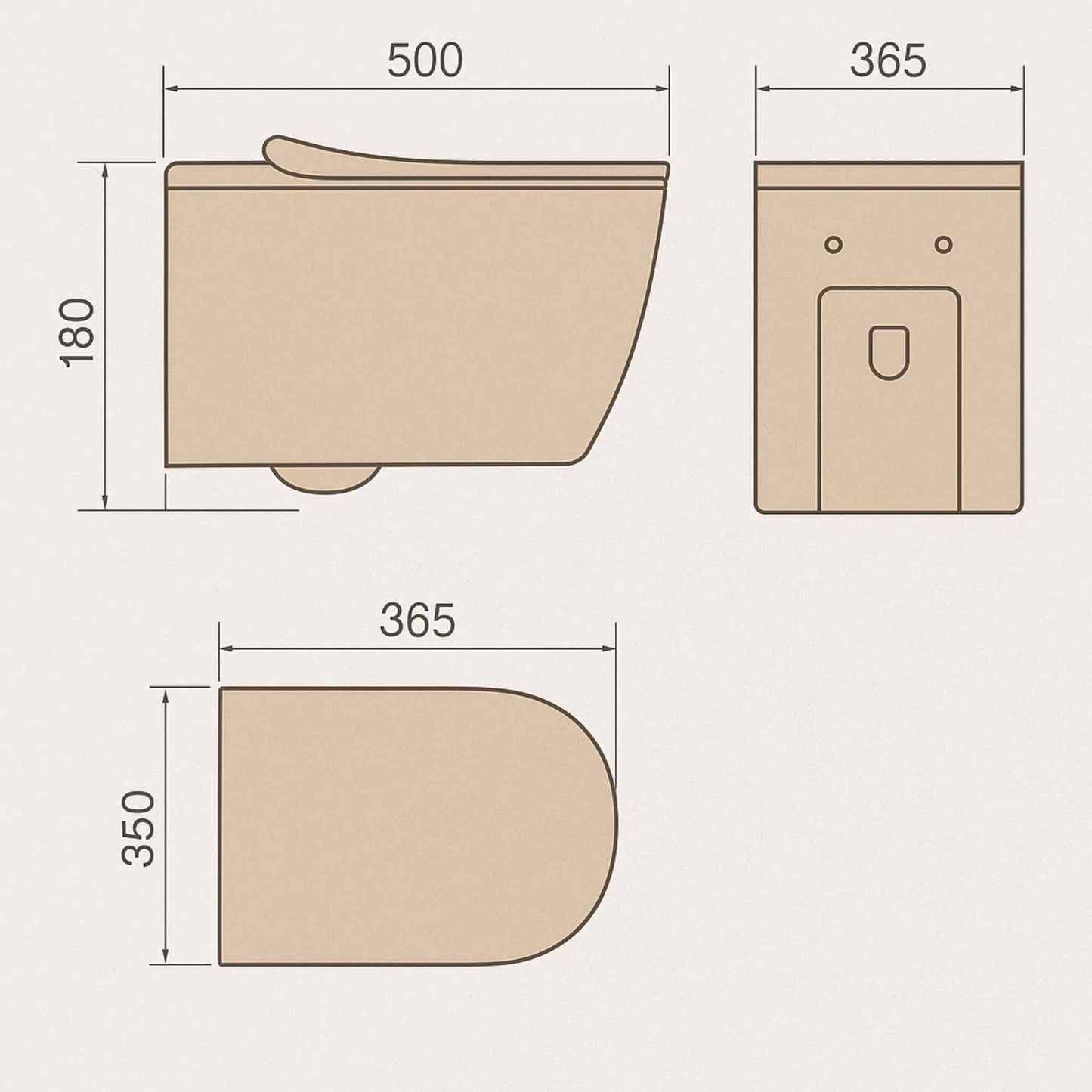 Technical dimension drawing of R2 Khakhi wall hung WC with 500x365x350mm measurements