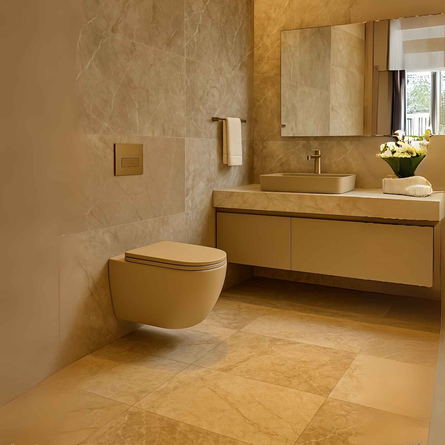 Full luxury washroom view featuring R2 khakhi matte wall hung toilet with Italian marble interiors