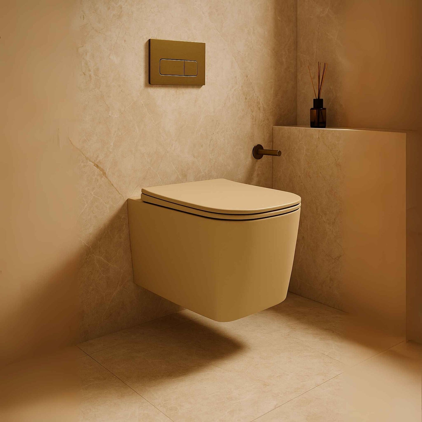 Side angled view of R2 Khakhi matte finish wall mounted toilet, placed in an elegant Italian marble bathroom