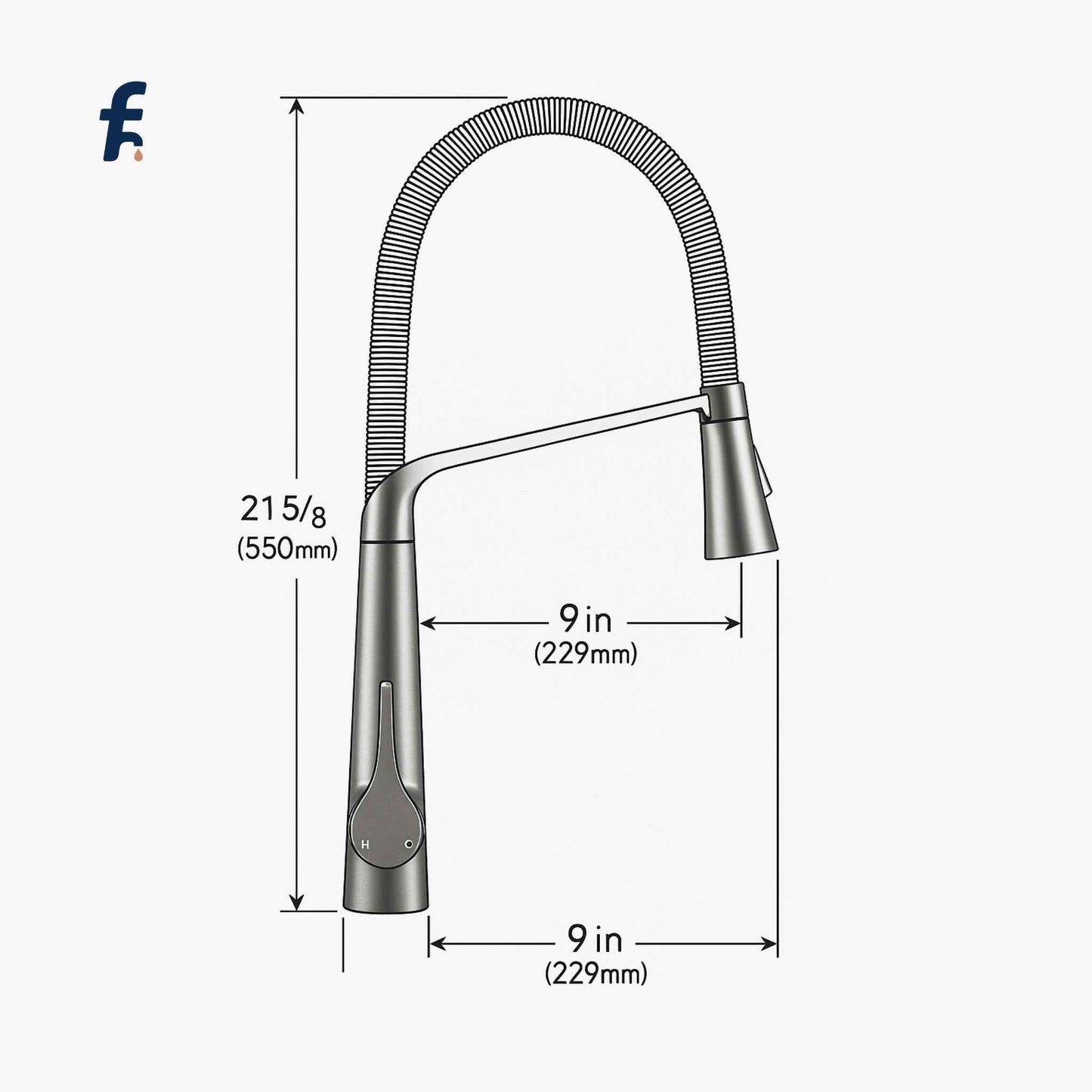 Measurement chart of a kitchen faucet with dimensions labeled