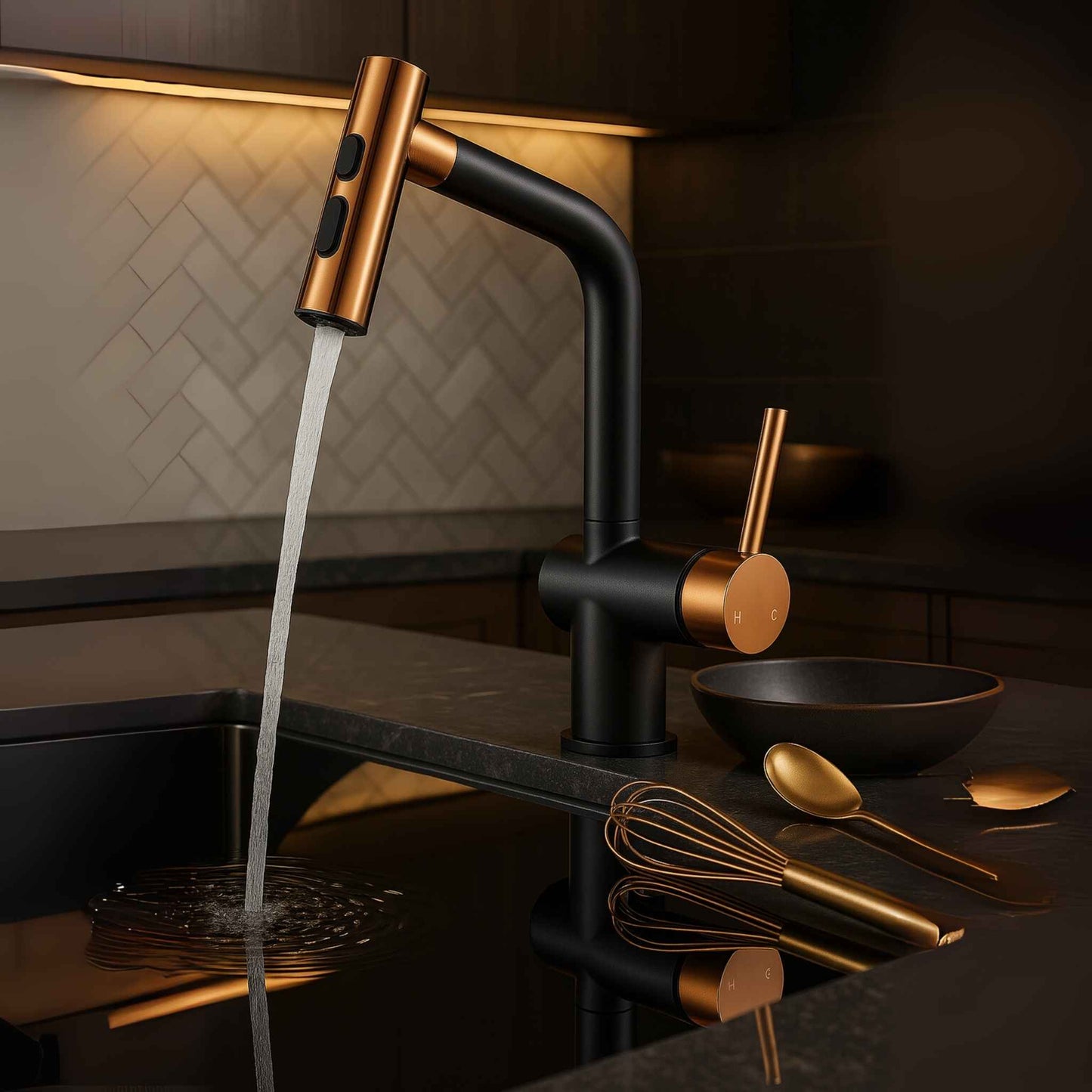 Luxury matte black and rose gold pull-out kitchen faucet in use with person cleaning dish under running water