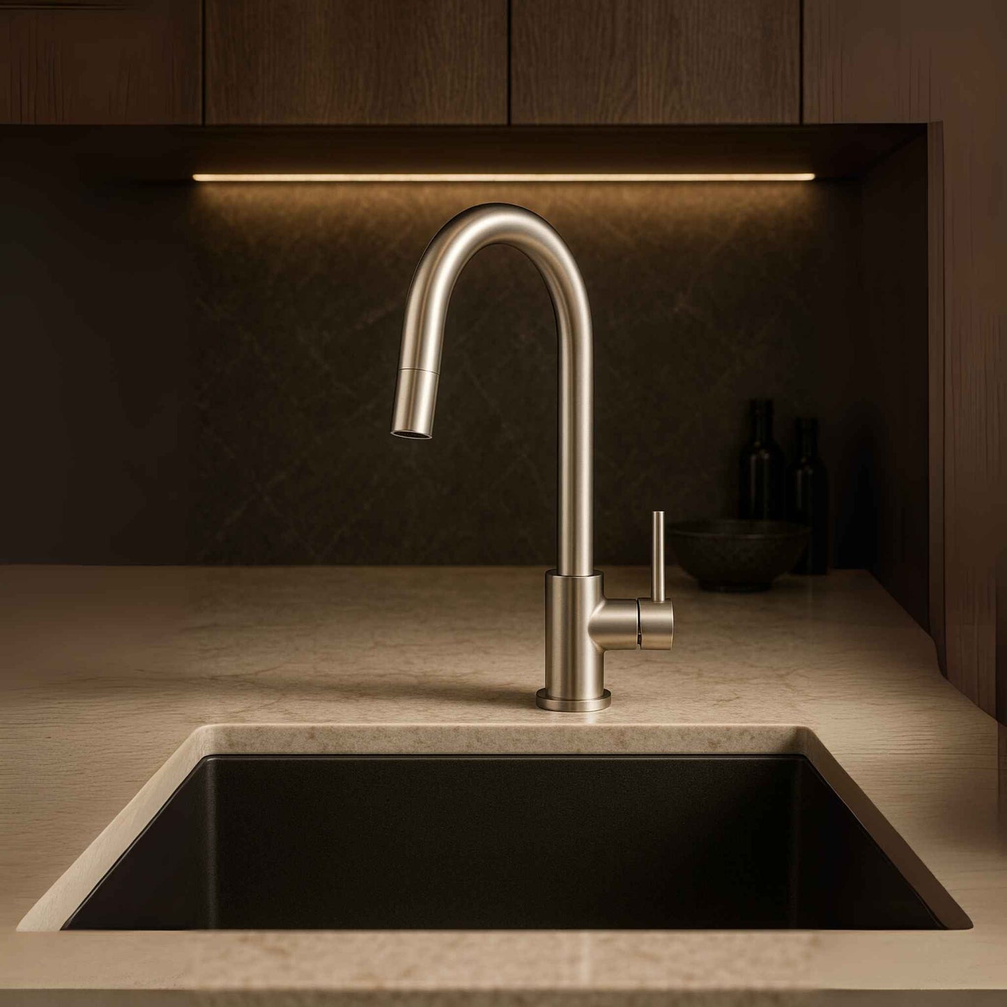 Side angle kitchen faucet with brushed finish and swivel spout