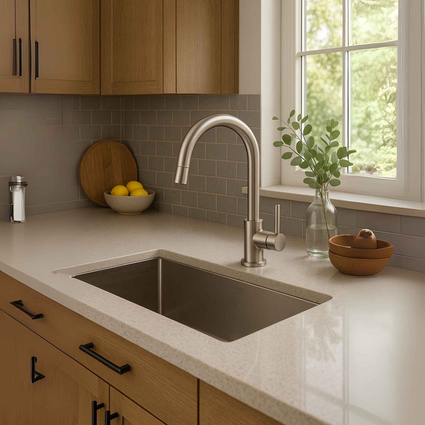 Top view of brushed nickel kitchen sink tap in modular kitchen