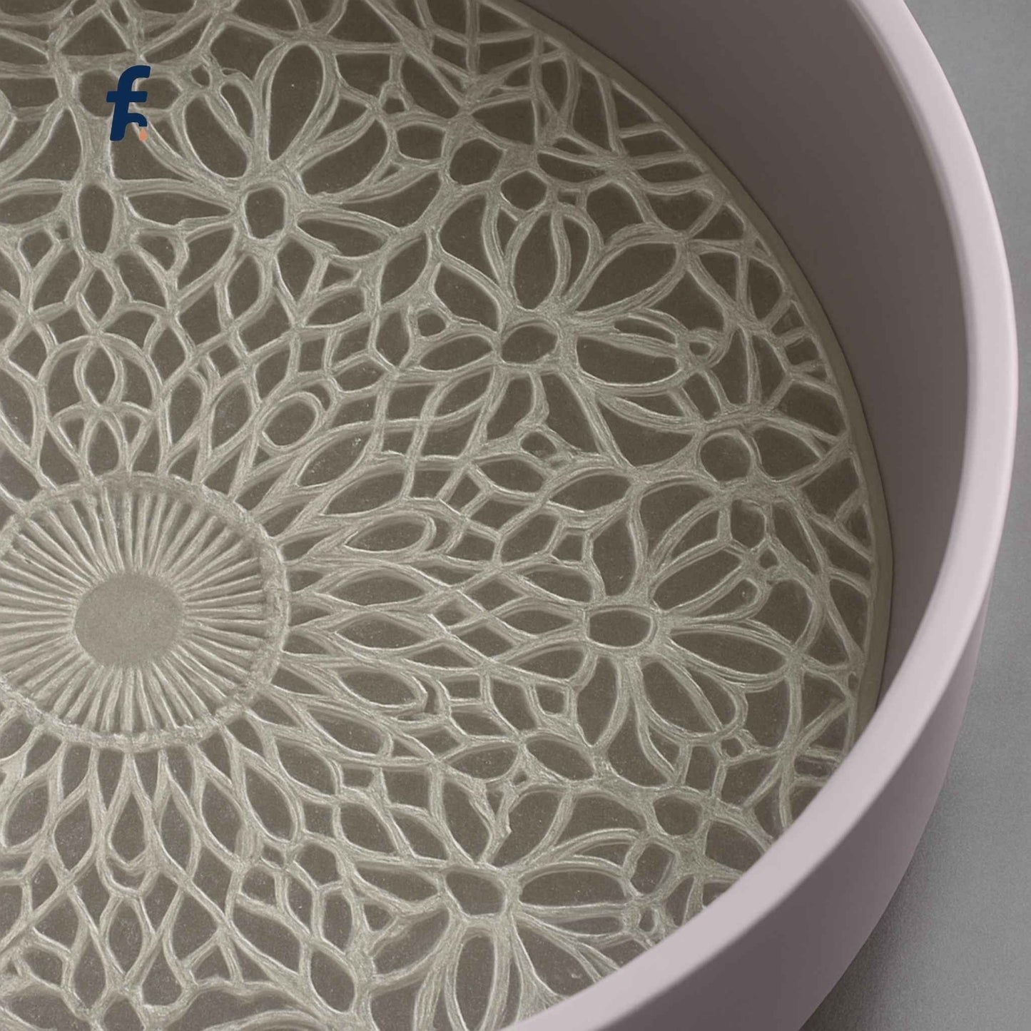 Top close-up of lavender glass basin showing frosted interior texture – 400x400mm designer bathroom sink