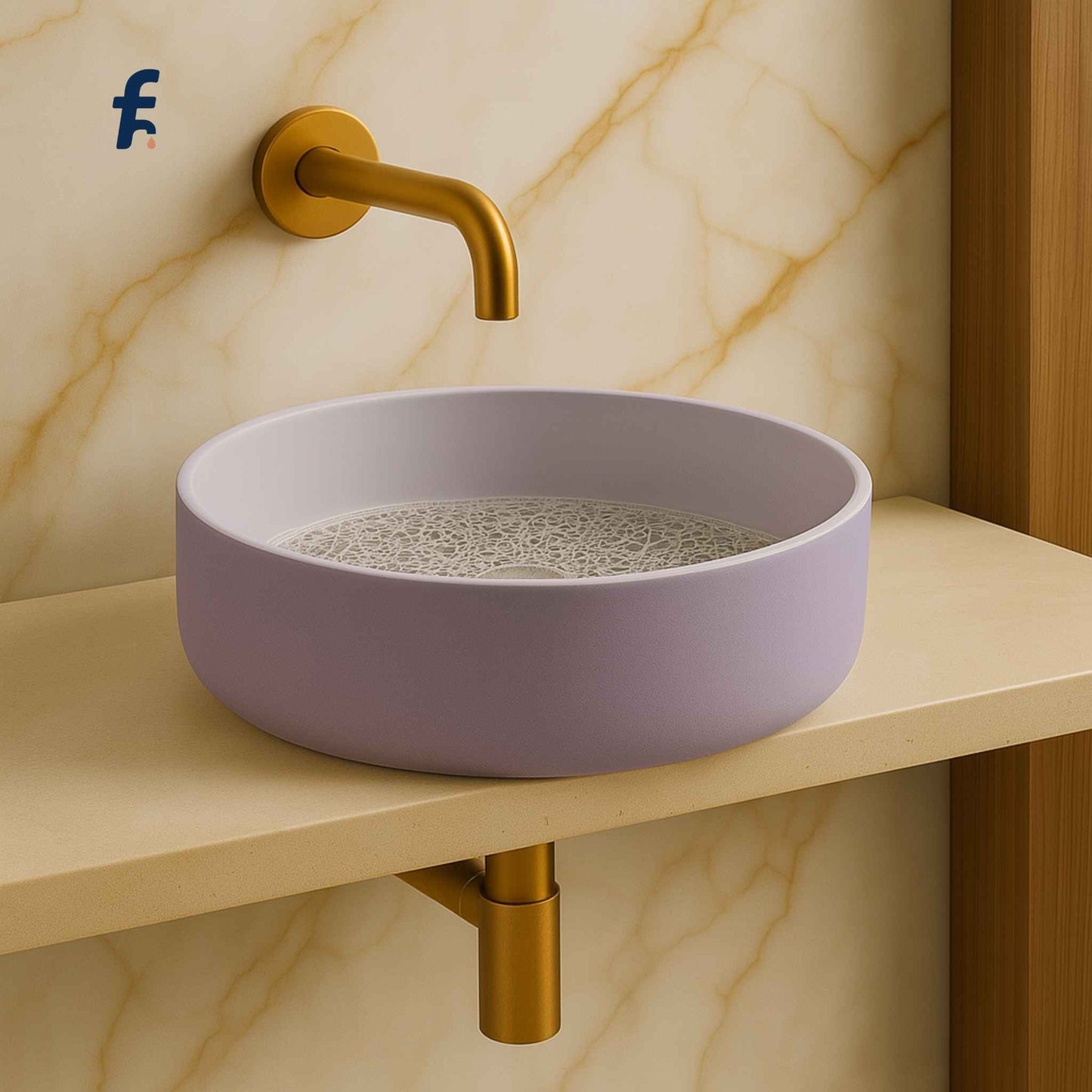 Front view of lavender glass wash basin 400x400mm with frosted texture and gold wall-mounted faucet – luxury designer sink