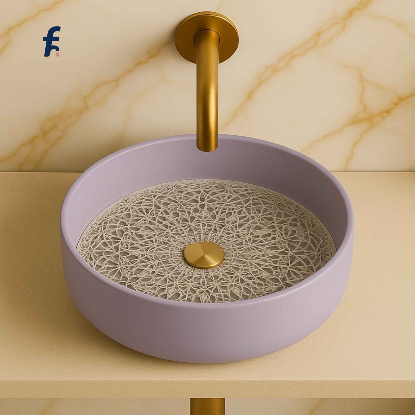 Top angle view of round lavender countertop wash basin with intricate frosted base design – premium glass bathroom sink