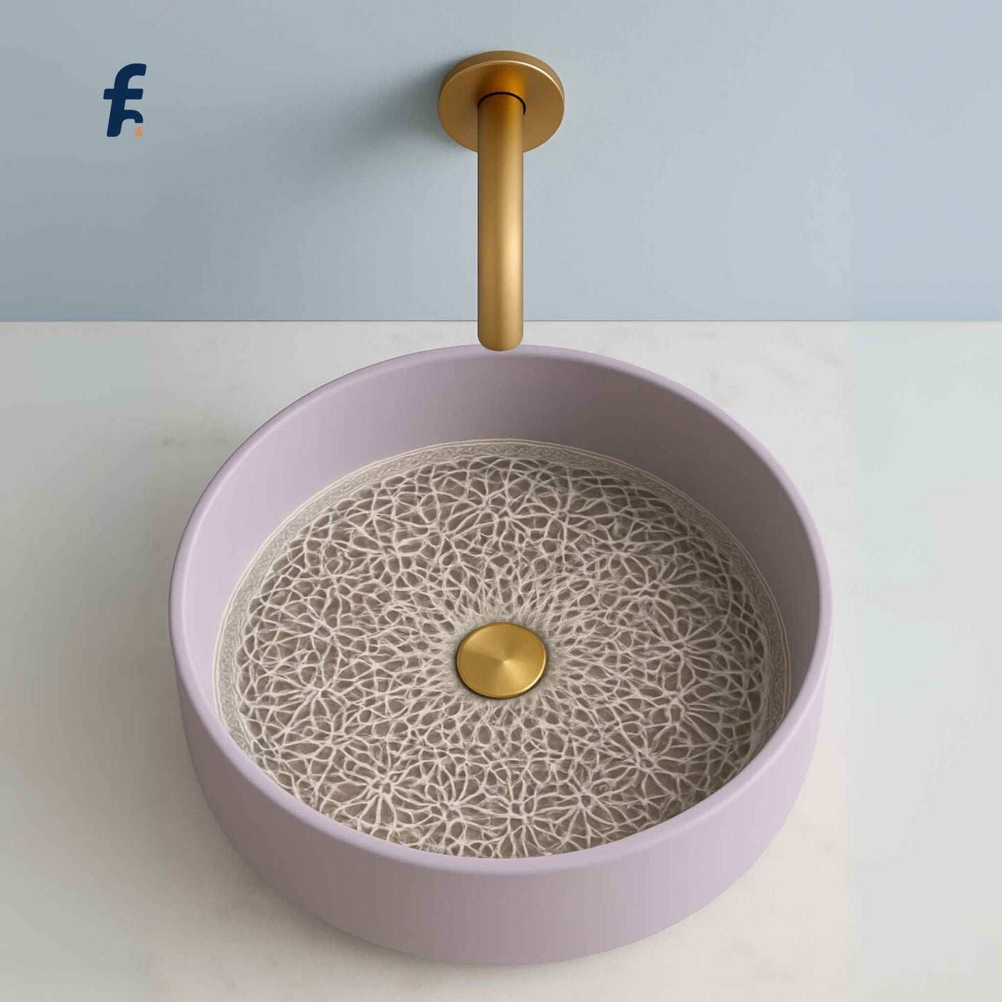 Close-up of frosted lace texture in lavender round glass wash basin – designer sink with premium detailing