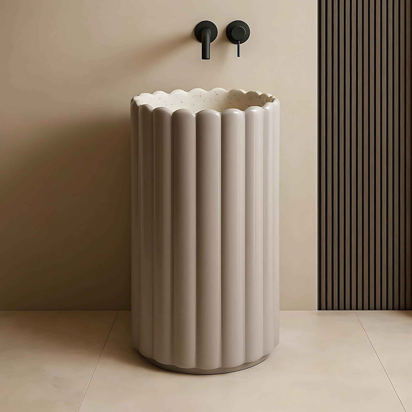 Side angle of fluted lilac pedestal basin with attached wall-mounted faucet