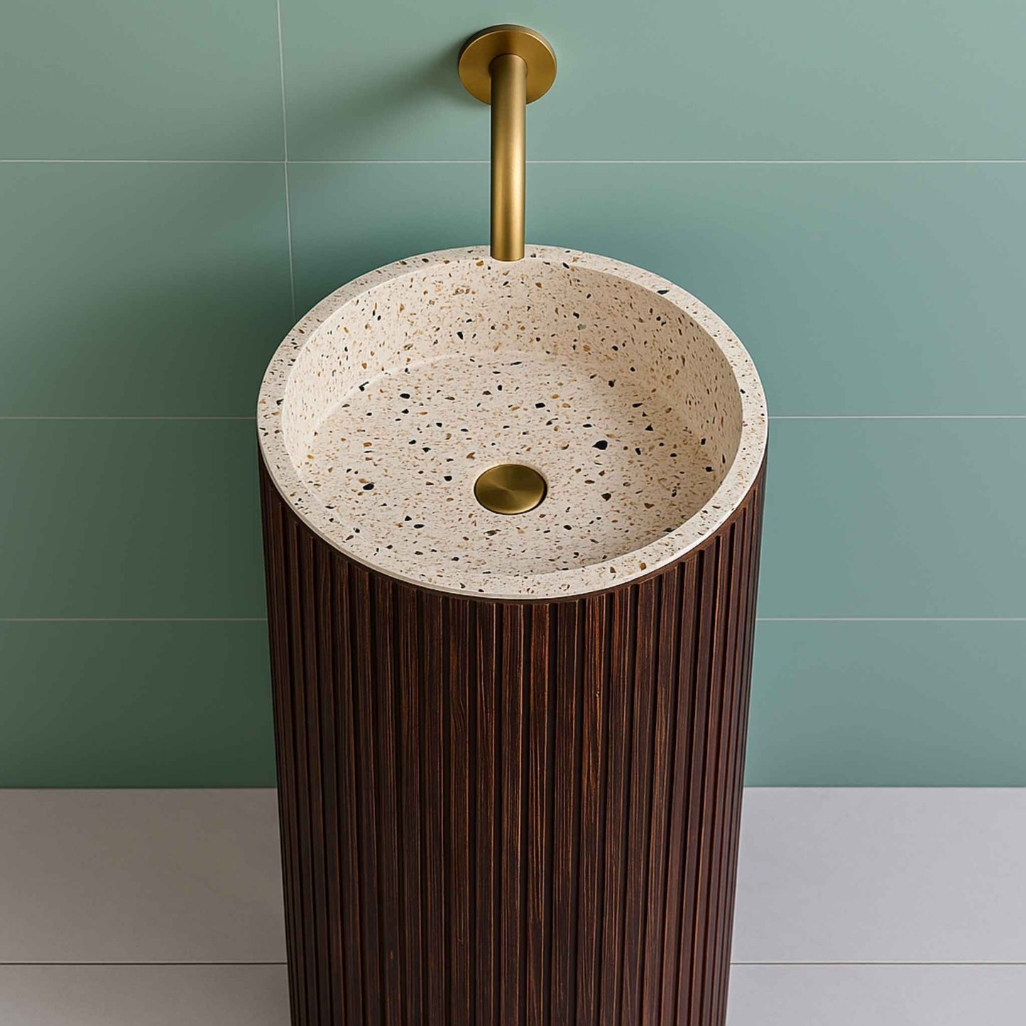 Top-down view of a designer pedestal sink with terrazzo finish and fluted wooden body, showing internal bowl and faucet alignment.