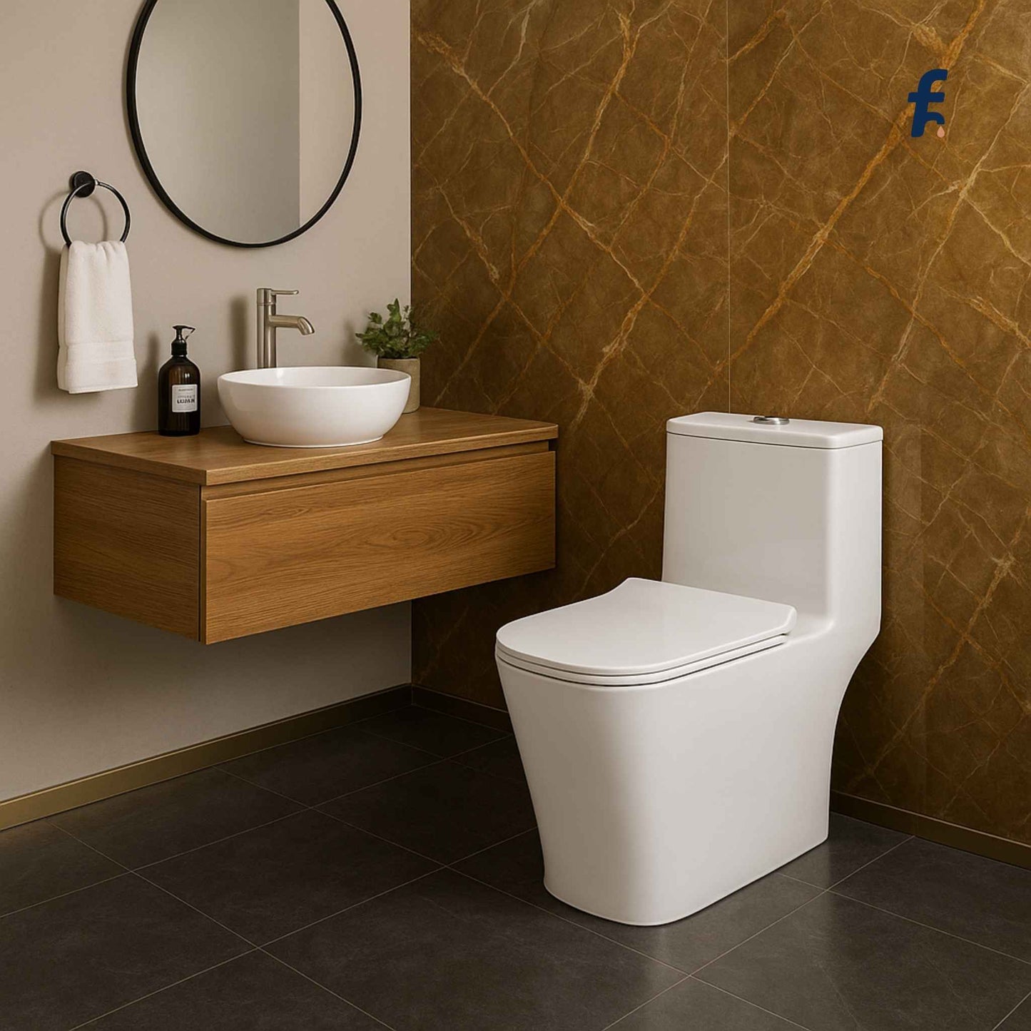 Bathroom with a toilet, sink, and decorative elements on a brown tiled wall.