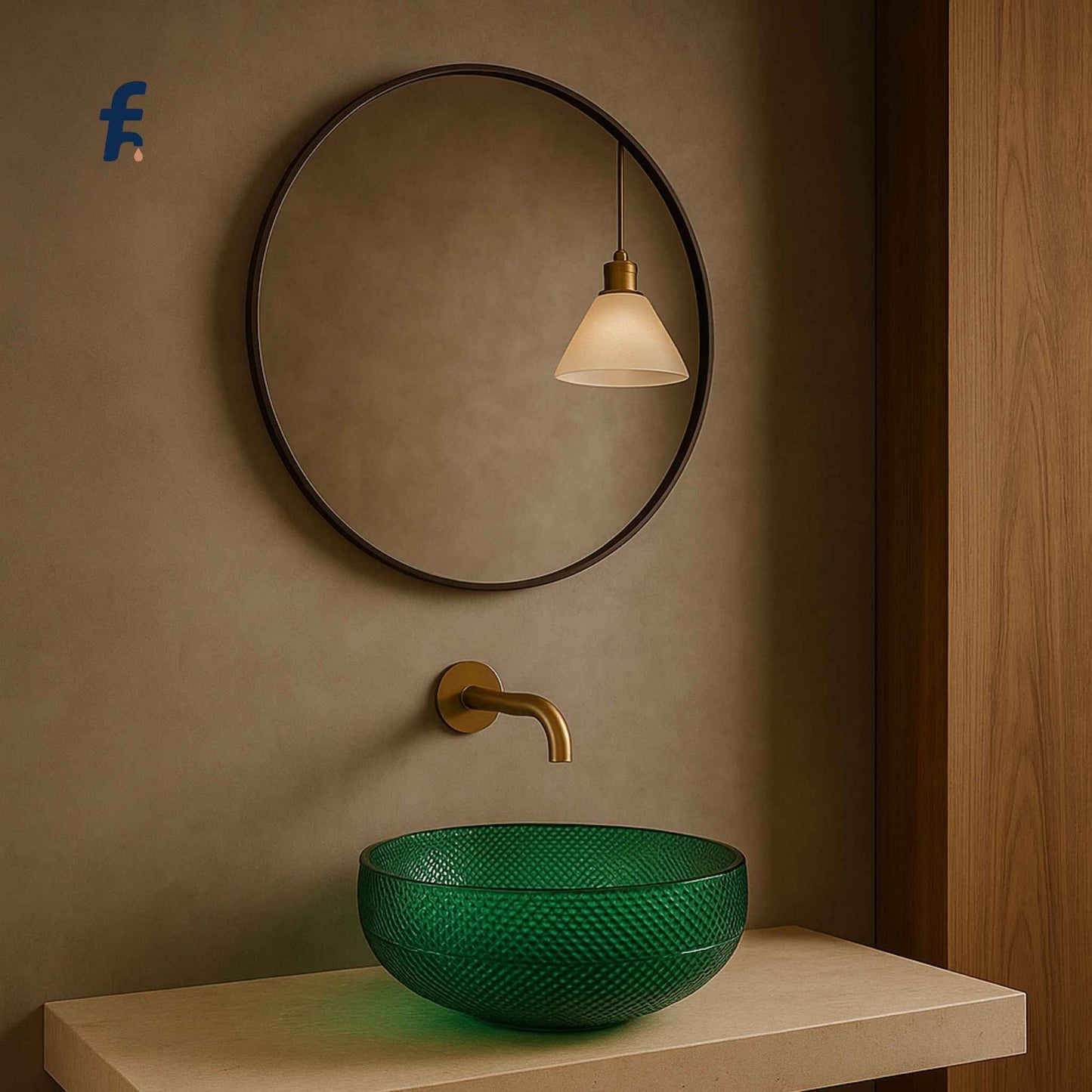 Green glass sink with gold faucet against a brown wall with round mirror