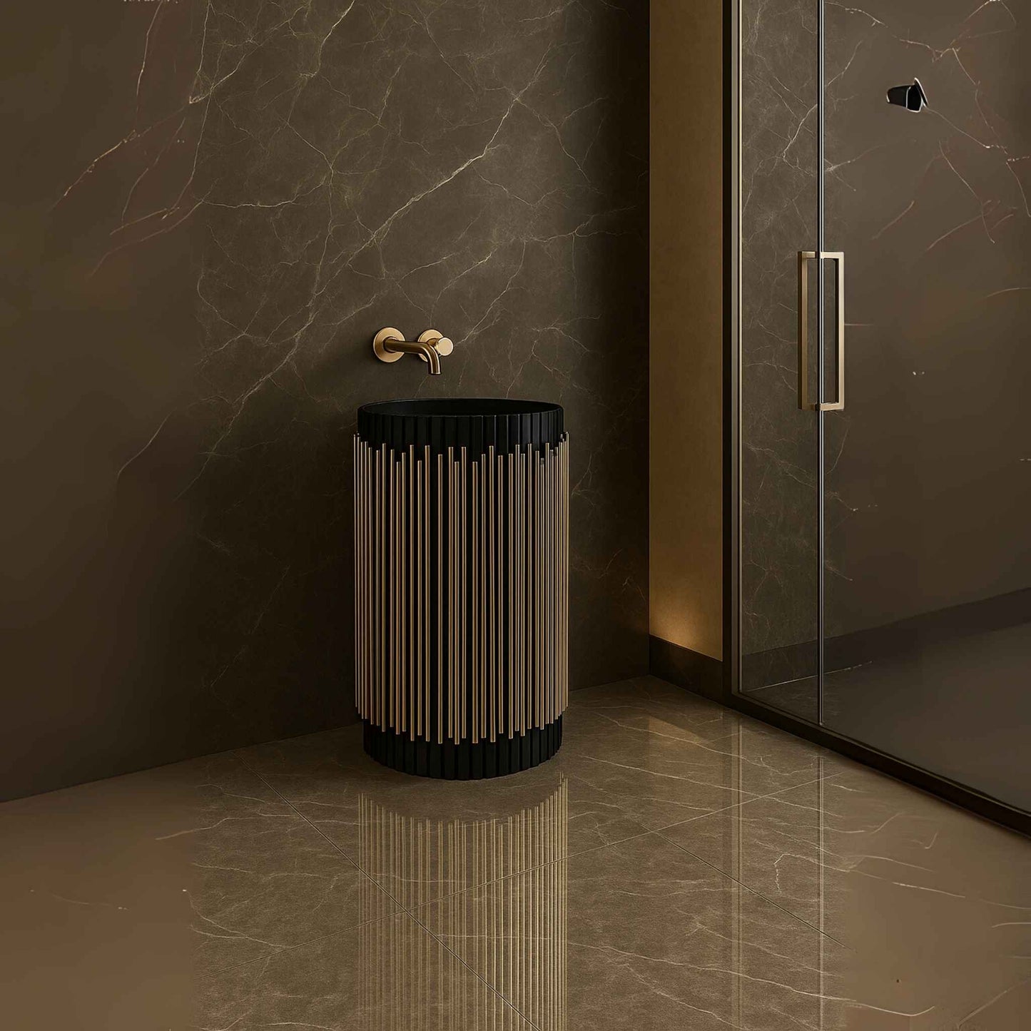 Full luxury bathroom with designer pedestal sink in gold finish