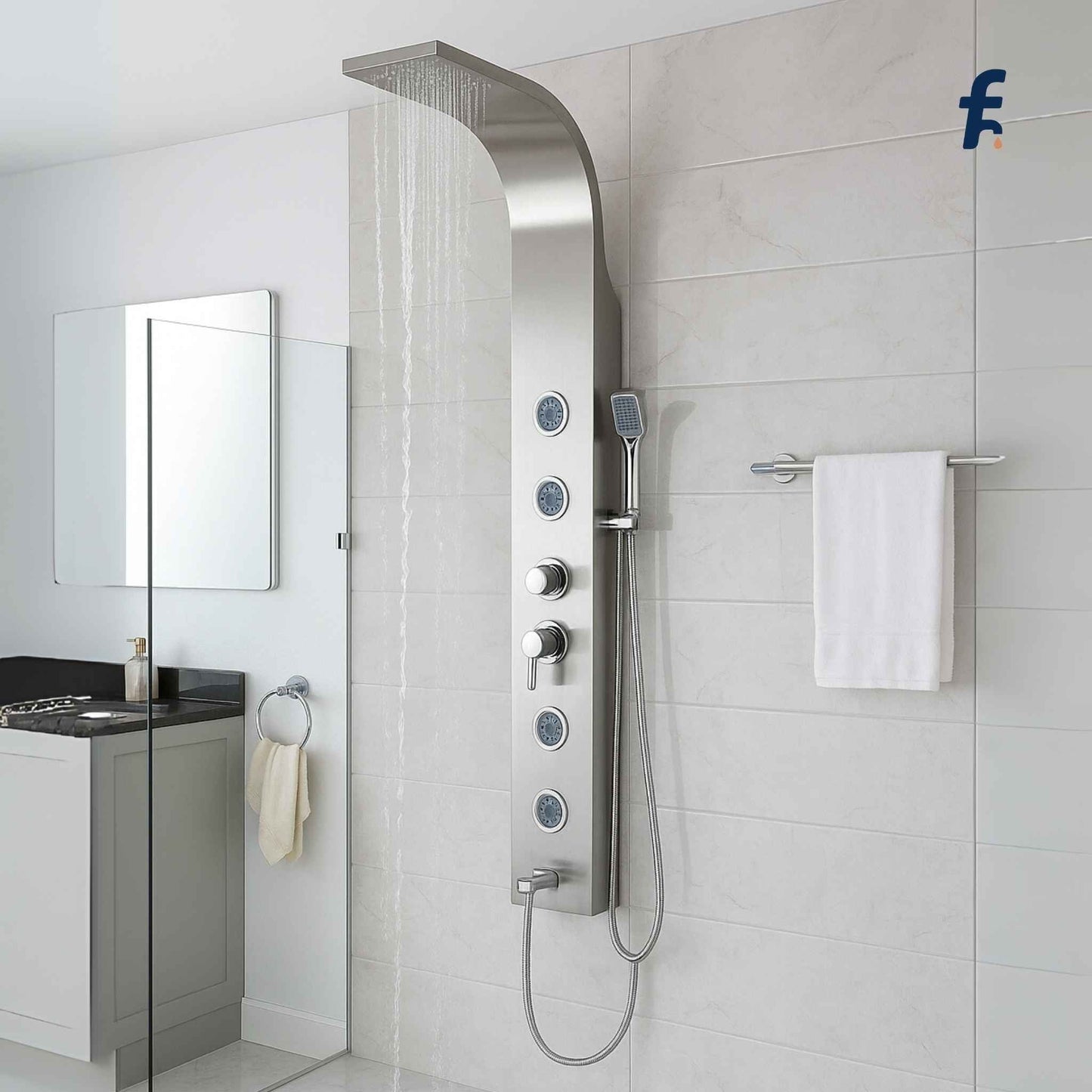 Modern shower system with control panel mounted on a tiled wall in a bathroom.