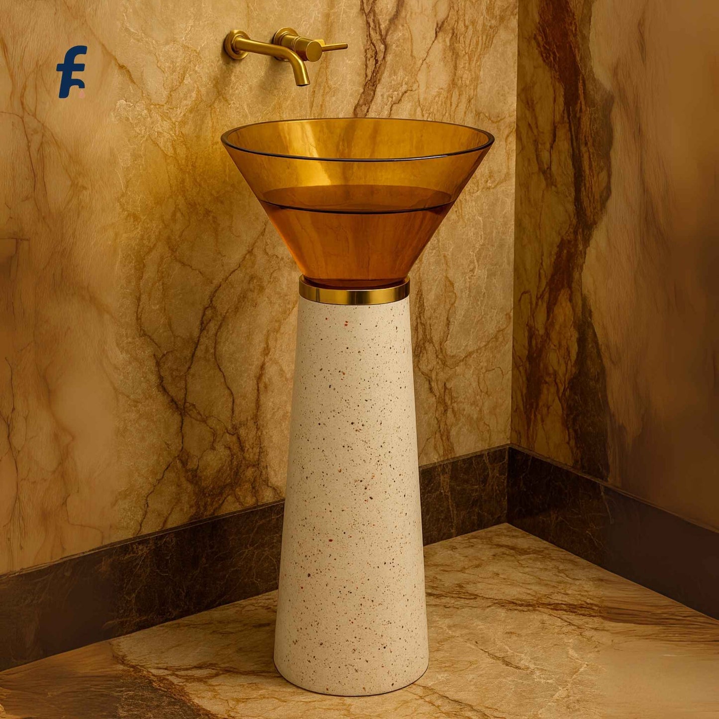 Decorative freestanding sink with gold bowl and base against a marble wall. Front view of luxury amber glass pedestal wash basin EQAS-085 in marble bathroom