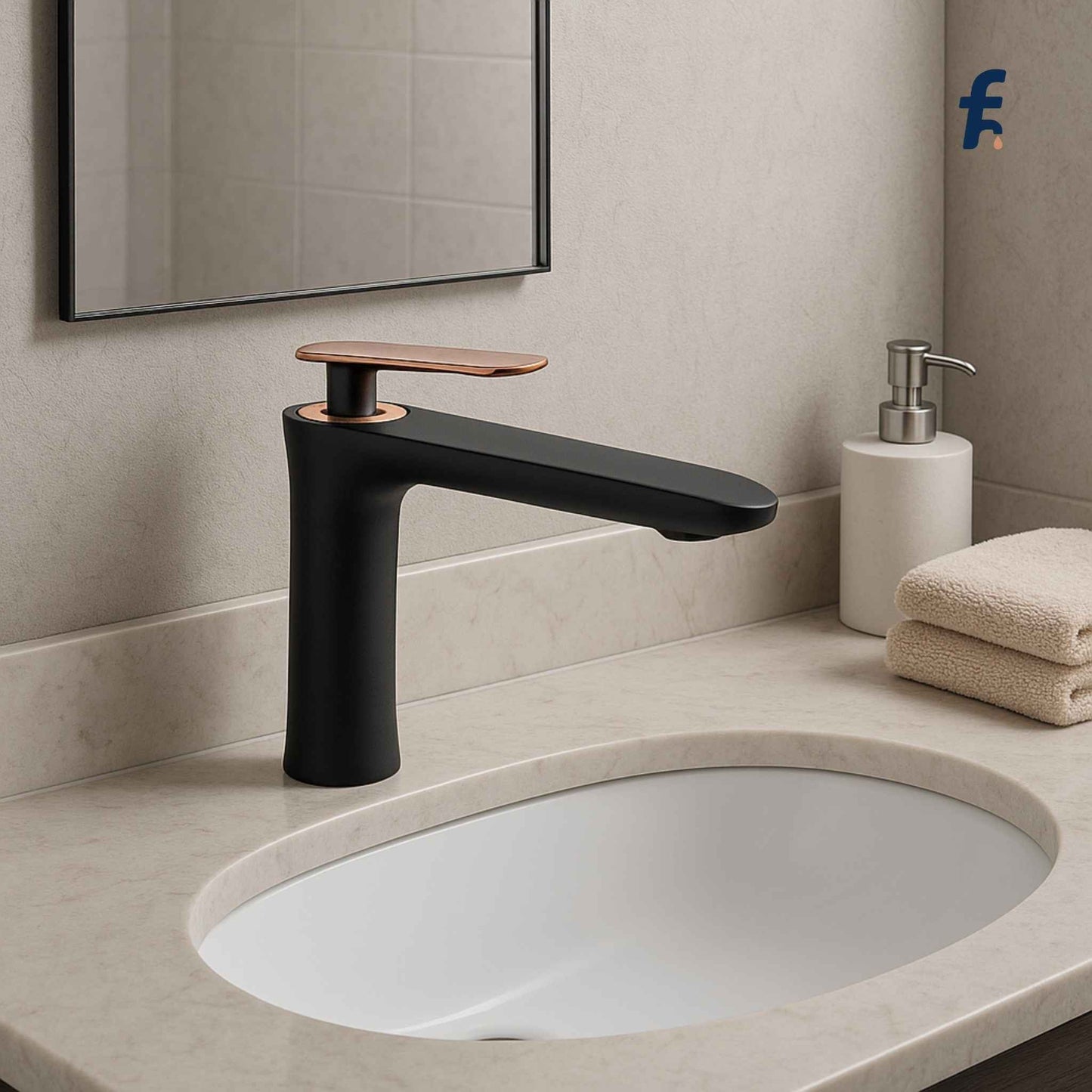 Modern black faucet on a bathroom sink with a mirror and soap dispenser in the background.