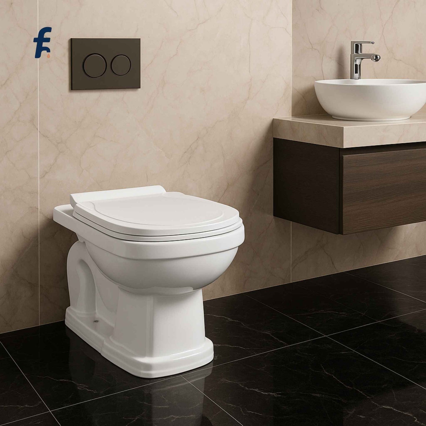 Bathroom with a white toilet, beige tiles, and a wooden vanity with a sink. Luxury Bathroom Featuring Anglo Indian Commode with Beige and Black Italian Marble