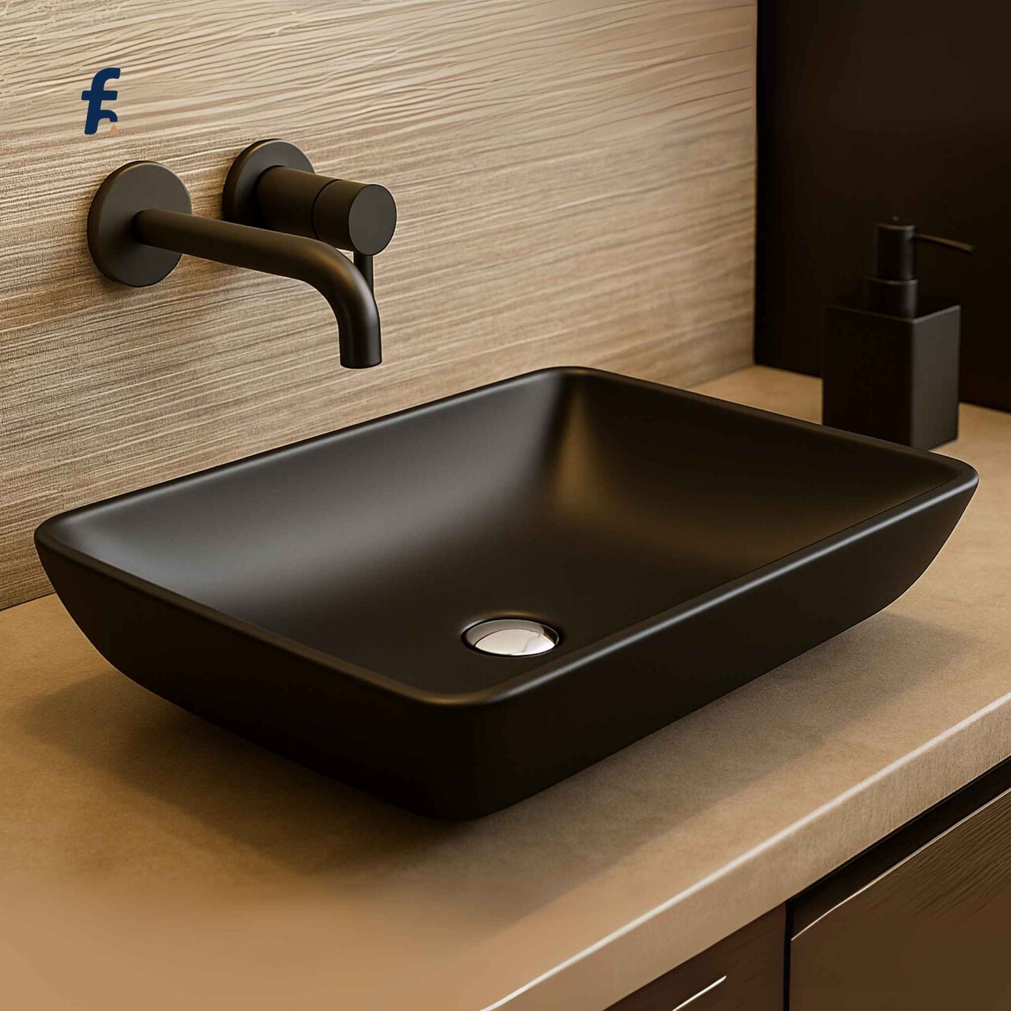 Side close-up of rectangular black glass sink in luxury bathroom