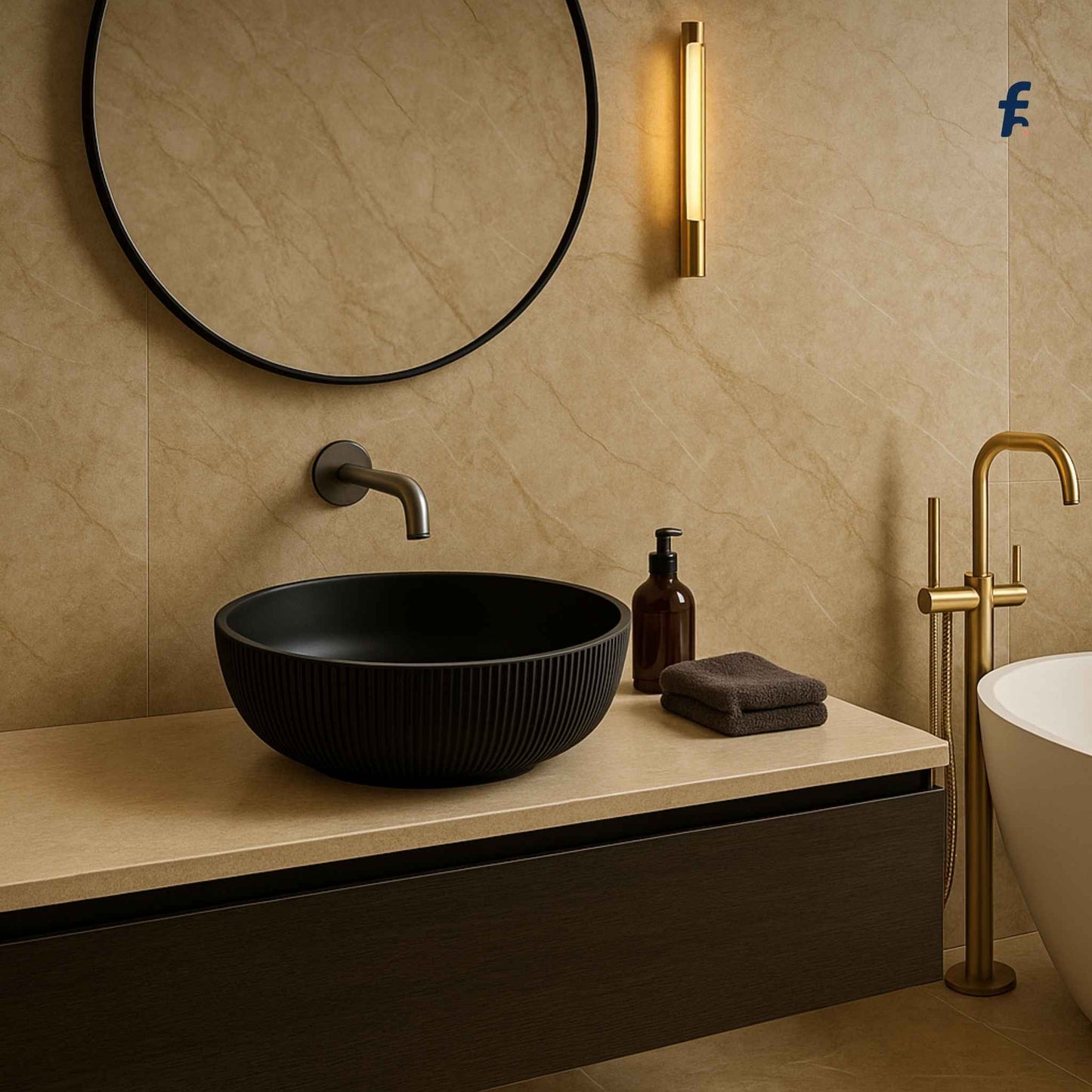 Full modern bathroom with matte black ribbed glass wash basin, gold faucet, and freestanding tub