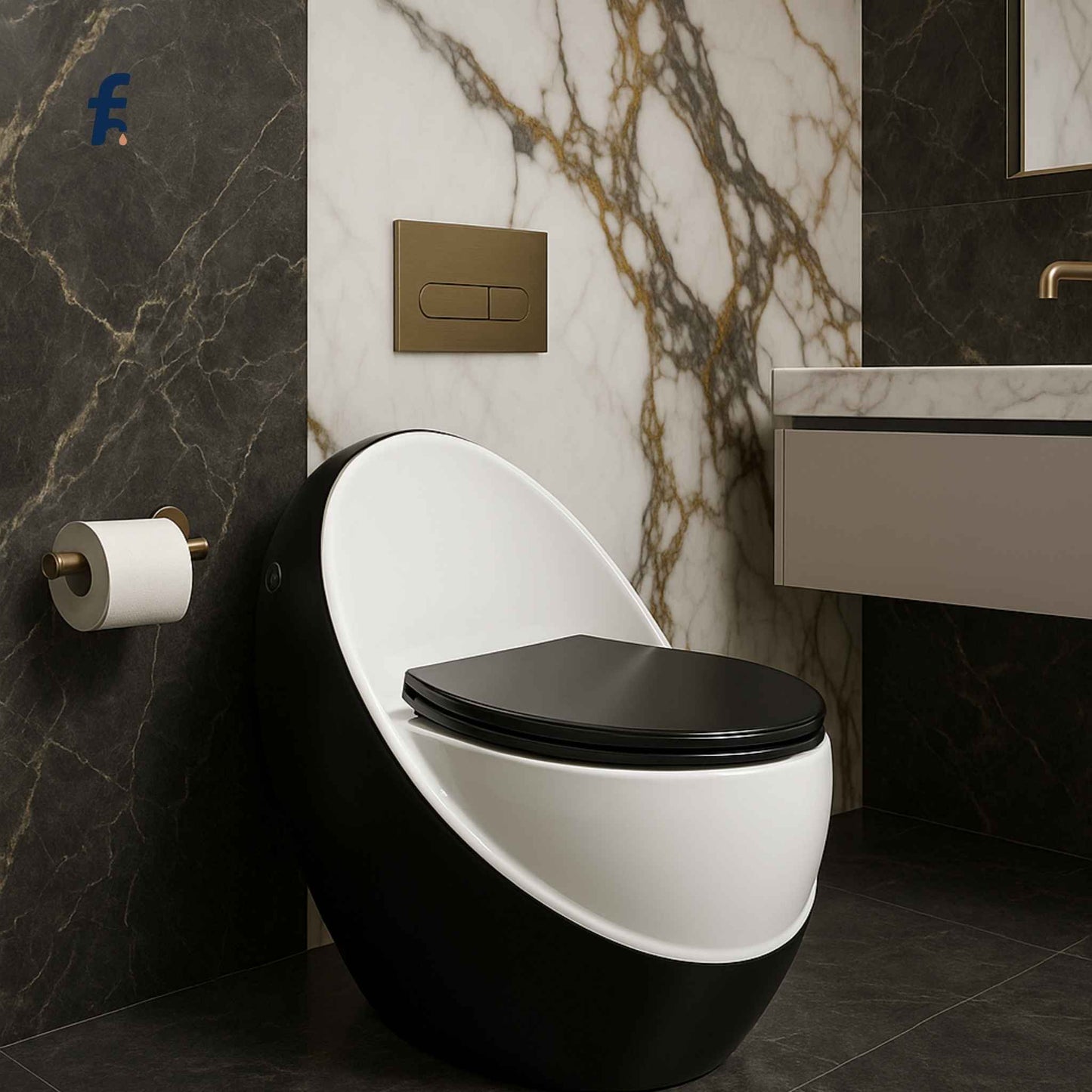 Modern black and white toilet in a bathroom with marble walls and a sink.