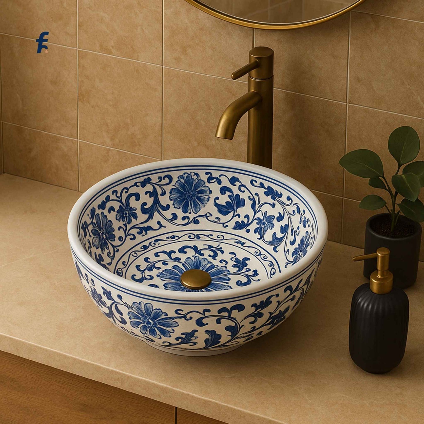 Decorative blue and white floral-patterned sink with gold faucet in a bathroom setting.