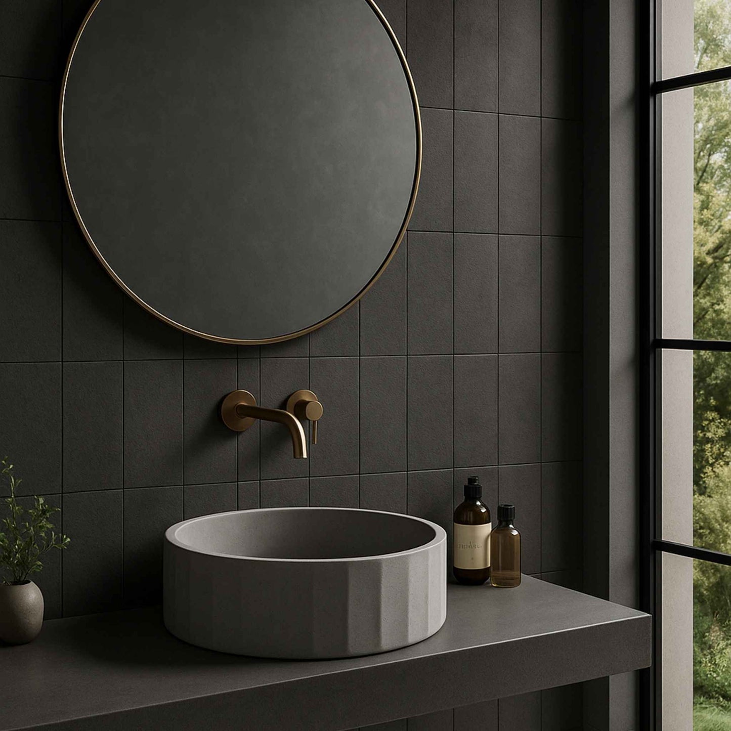 Full bathroom interior featuring a fluted round concrete wash basin as the centerpiece