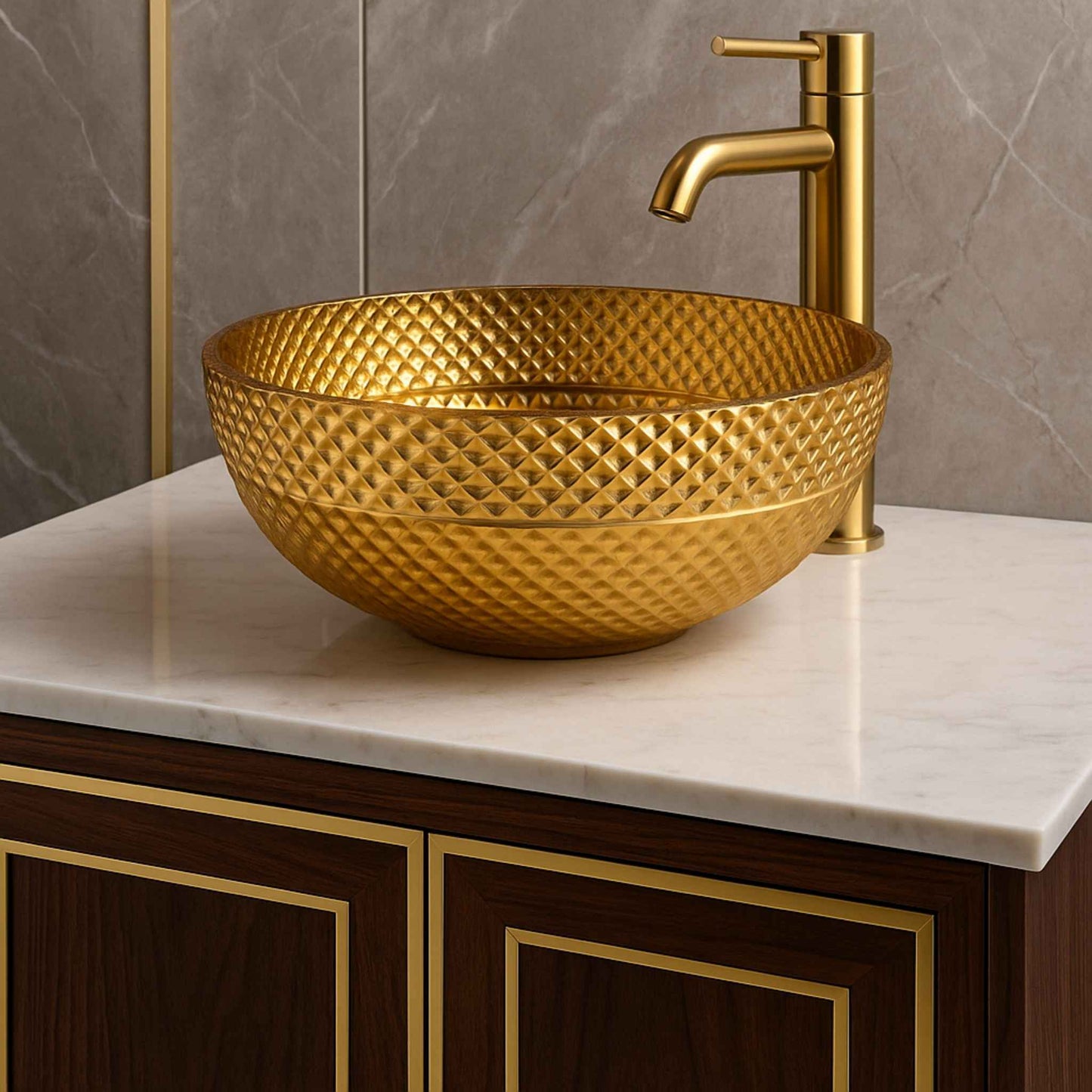 Designer bathroom featuring gold textured glass basin and modern fittings – premium vanity setup