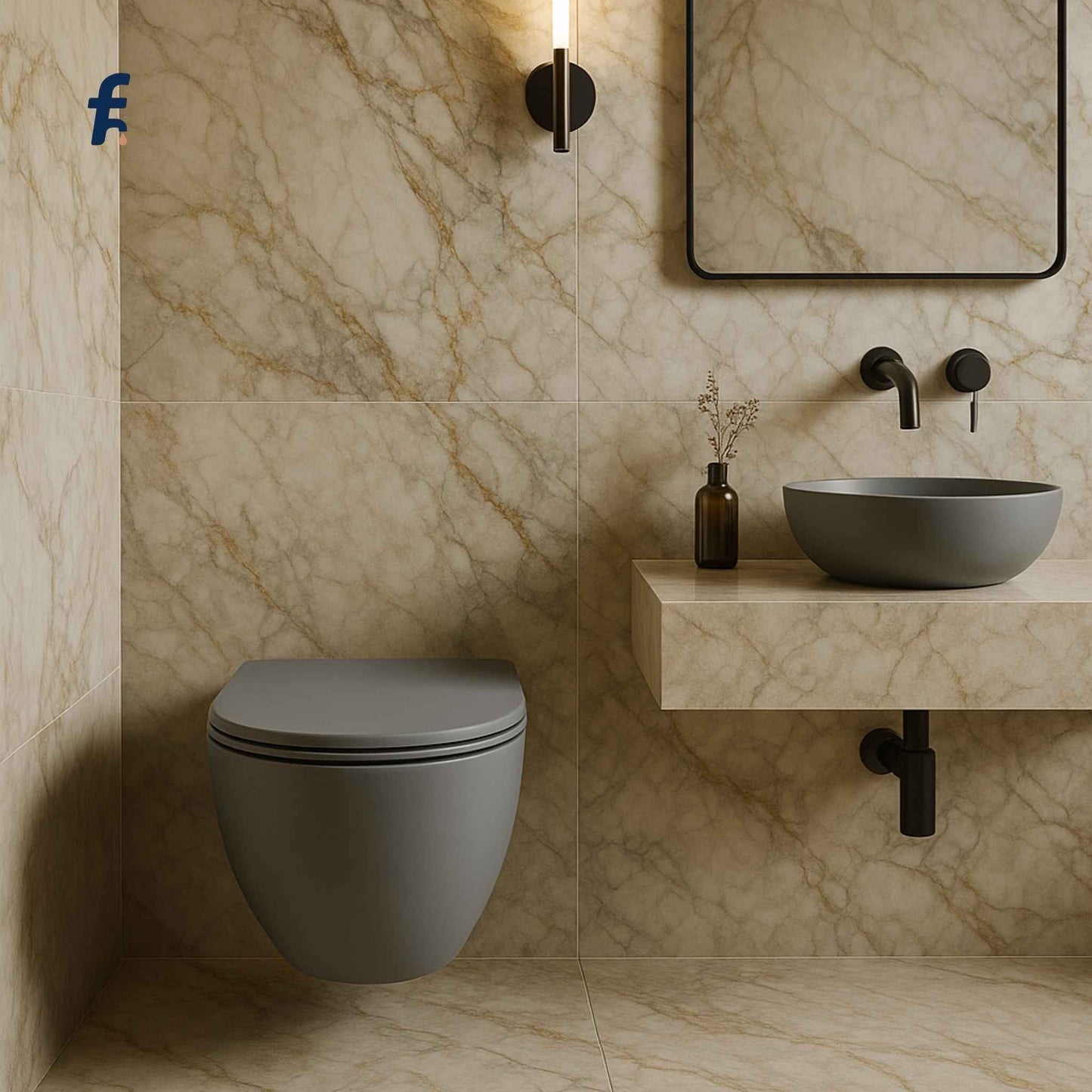 Modern bathroom with beige marble walls, a wall-mounted toilet, and a sink.