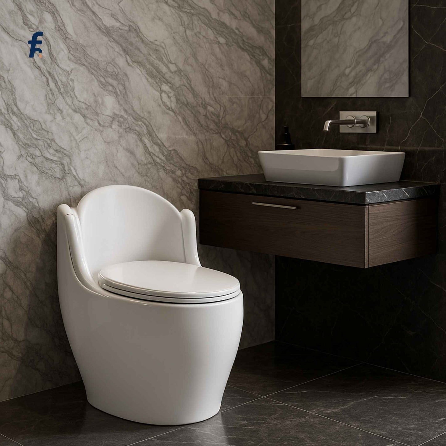 Luxurious modern bathroom interior featuring EQIT 111 glossy white one-piece western toilet with siphonic flush.