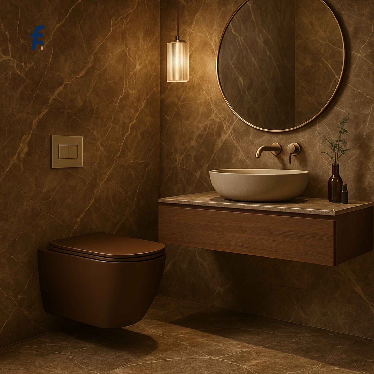 Modern bathroom with a toilet, sink, and round mirror on a marble wall.