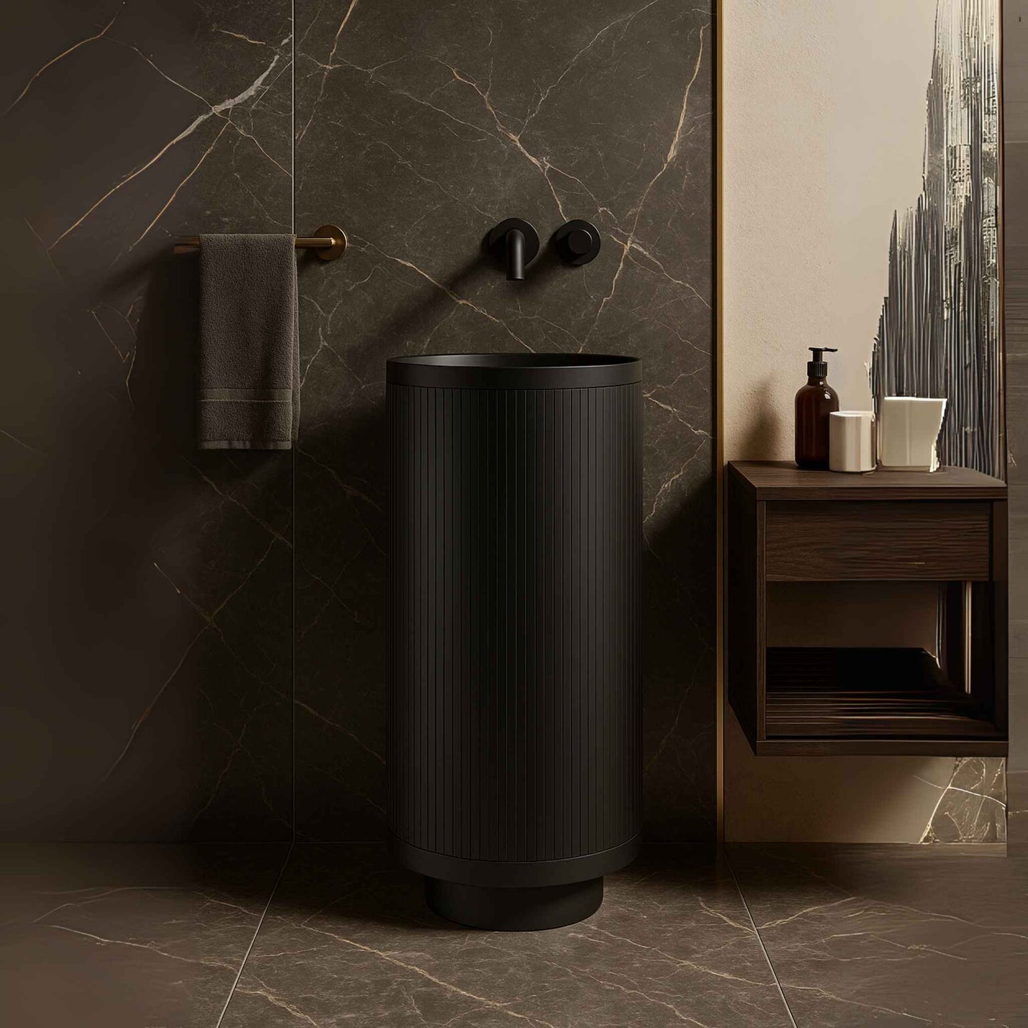 Luxurious bathroom featuring matte black pedestal basin
