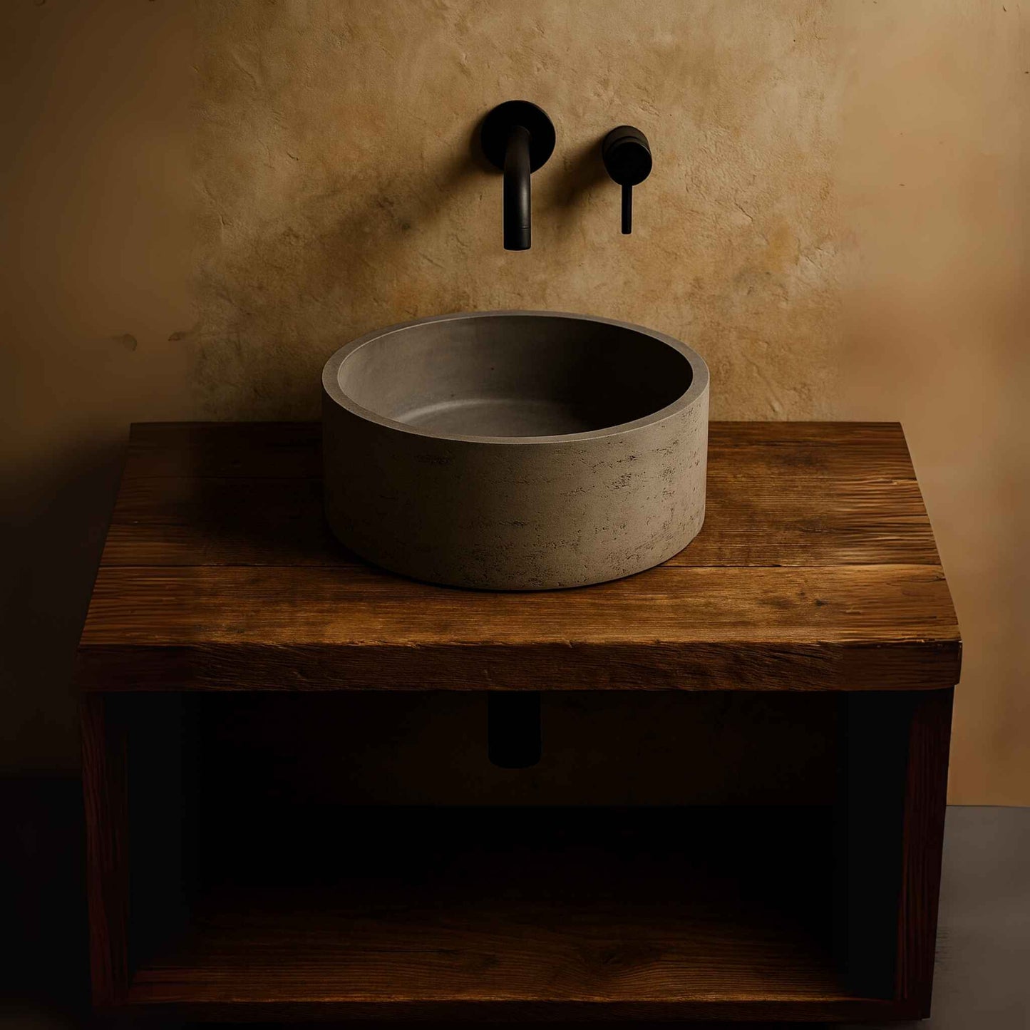 Luxury modern rustic bathroom interior with concrete vessel sink as focal point