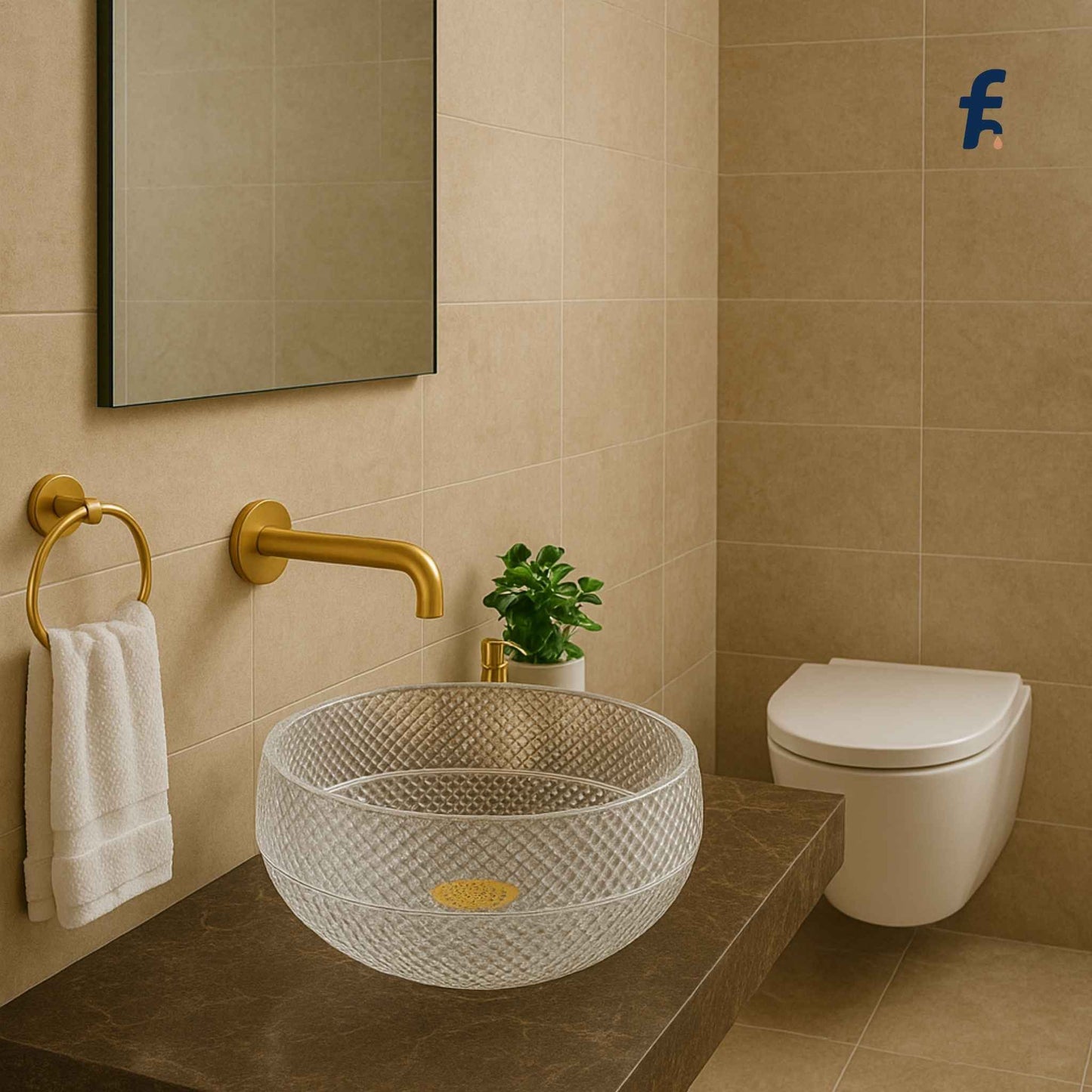 Full modern bathroom with crystal glass round wash basin on vanity